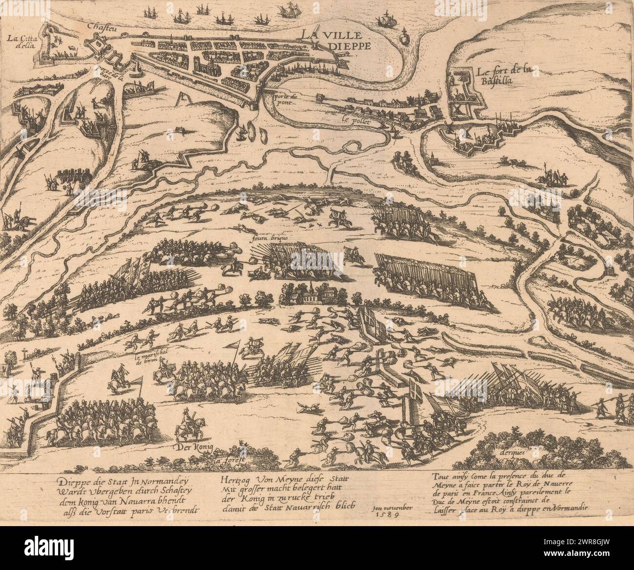 Dieppe befreit von Heinrich IV., 1590, La Ville Dieppe (Titel auf Objekt), die belagerte Dieppe entlastet von Heinrich IV., 11. Februar 1590. Die Schlacht im Vordergrund, in der Ferne eine Karte der Stadt Dieppe aus der Vogelperspektive. Aktion zum Ausdruck vom November 1589. Mit 8 Zeilen auf Deutsch und 5 Zeilen auf Französisch. Nicht Nummeriert. Spiegelkopie oder Wiederholung von Hogenbergs Druck, Druckerei: Frans Hogenberg, (Werkstatt), Köln, 1590, Papier, Ätzen, Höhe 22 mm x Breite 271 mm, bedruckt Stockfoto