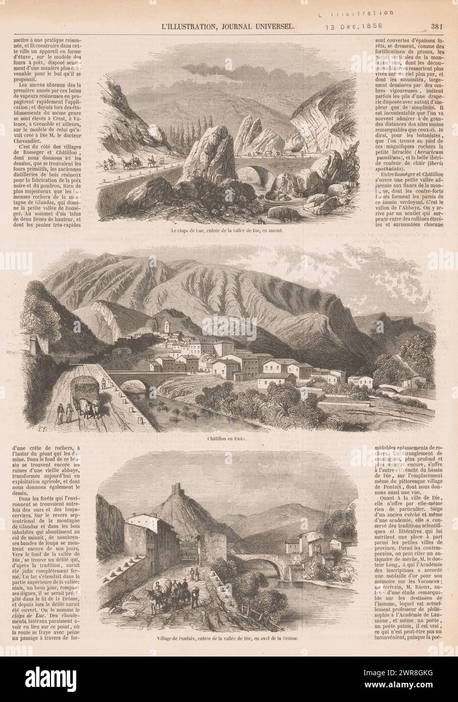 Gegend von Diois, drei Bilder von Ansichten der Gegend von Diois., Druckerei: Anonym, Verlag: Jacques-Julien Dubochet, Paris, 1856, Papier, Holzstich, Buchdruck, Höhe 365 mm x Breite 262 mm, Druck Stockfoto