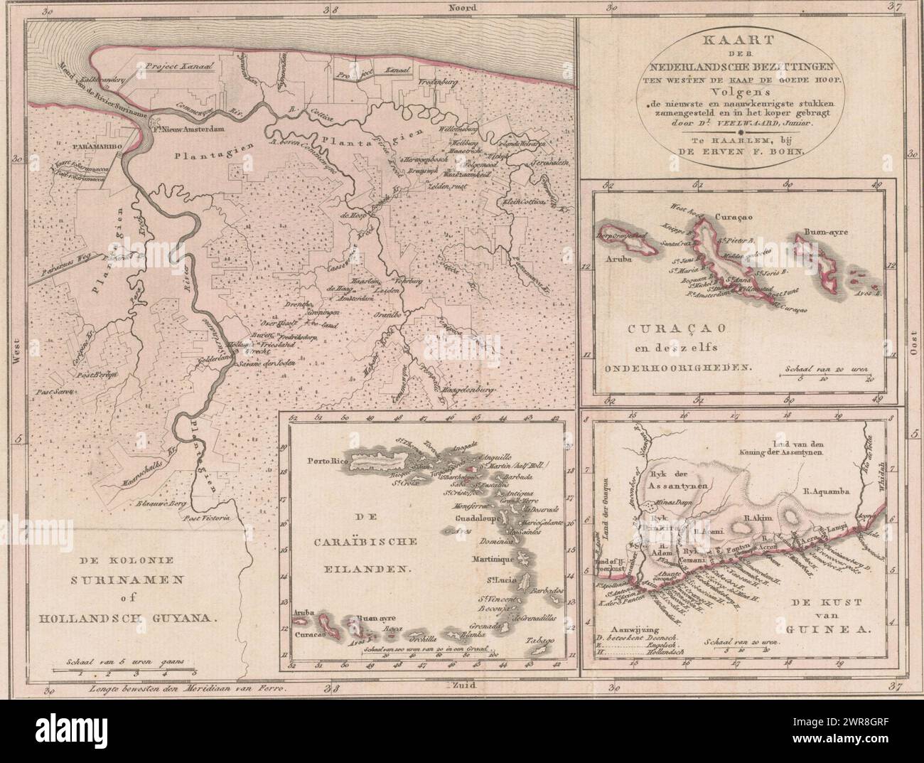 Karte von Suriname mit der Karibik, Curacao und Westafrika, Karte der niederländischen Besitzungen westlich des Kap der Guten Hoffnung (...) (Titel auf Objekt), vier Karten auf einem Blatt, die Hauptkarte von Suriname. Darüber hinaus wurden die Karibischen Inseln (Aruba bis Puerto Rico), Aruba, Curacao und Bonaire sowie niederländische Besitzungen in Westafrika (das heutige Ghana) eingesetzt. Randfärbung auf der Hauptkarte., Druckerei: Daniël Veelwaard (I), Verlag: Erven F. Bohn, Haarlem, 1776 - 1851, Papier, Gravur, Höhe 234 mm x Breite 301 mm Stockfoto