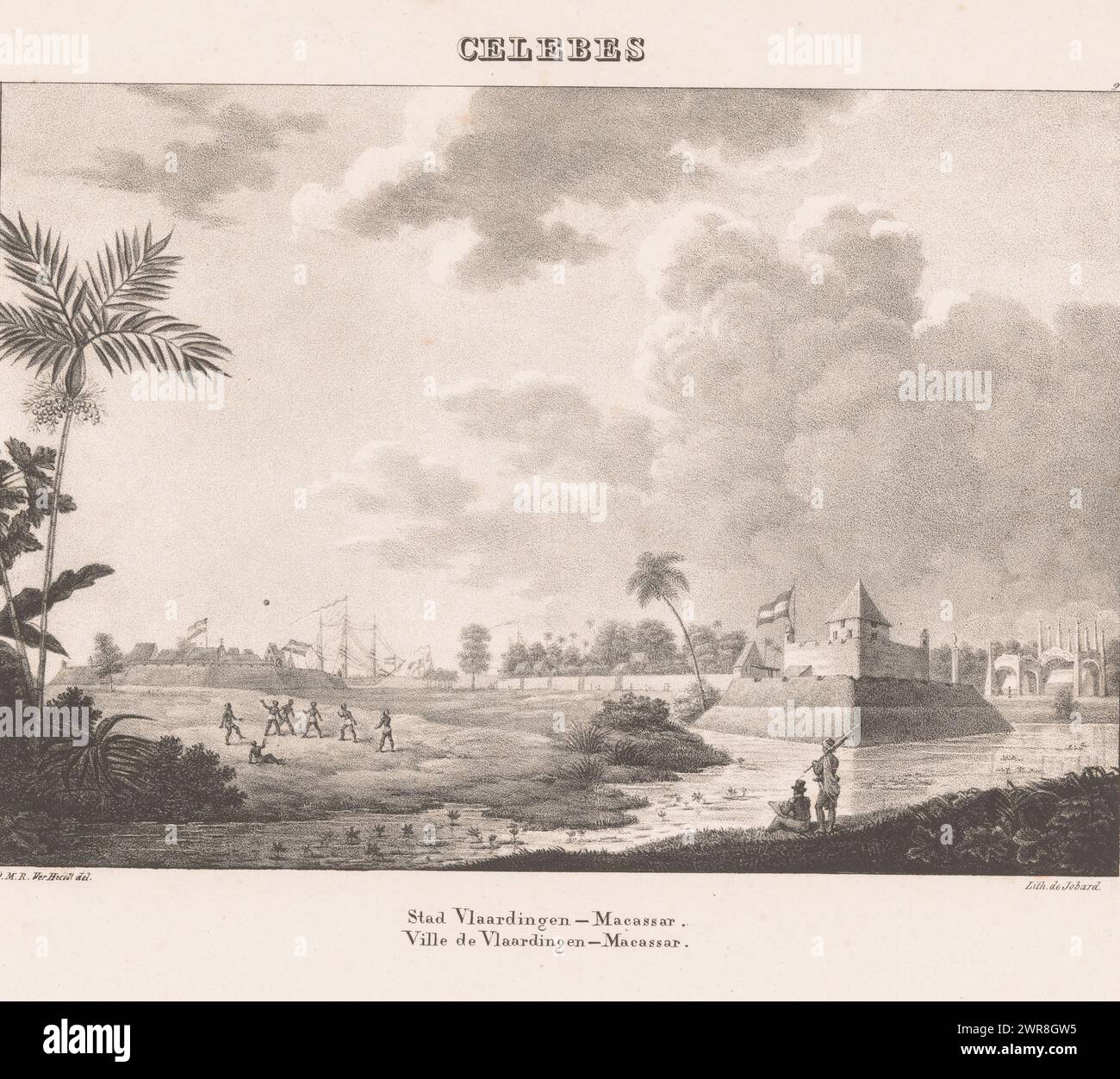 Ansicht von Vlaardingen in Makassar, Celebes, Stadt Vlaardingen-Macassar / Ville de Vlaardingen-Macassar (Titel auf Objekt), Ansichten von Ostindien (Serientitel), das Dorf Vlaardingen mit einer Festung in Makassar auf der rechten Seite., Druckerei: Quirijn Maurits Rudolf Ver Huell, nach Entwurf: Quirijn Maurits Rudolf Ver Huell, Drucker: Jean Baptiste Ambroise Marcellin Jobard, Rotterdam, 1824, Papier, Höhe 340 mm x Breite 475 mm, Druck Stockfoto