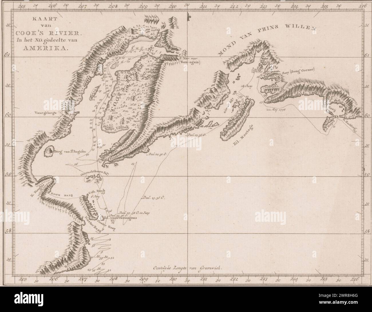 Karte von Cooks River, Amerika, Karte von Cook's River im nordamerikanischen Teil (Titel auf Objekt), Karte von Cooks River. Die Route von James Cooks Expedition von 1778 ist angegeben. Um eine Abitur., Druckerei: Anonym, 1780 - 1800, Papier, Ätzen, Höhe 255 mm x Breite 320 mm, bedruckt Stockfoto