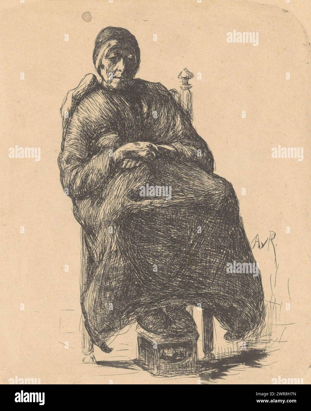 Sitzende alte Frau mit Herd, Druckerei: Anthon Gerhard Alexander van Rappard, 1868 - 1892, Papier, Radierung, Höhe 178 mm x Breite 147 mm, Druck Stockfoto