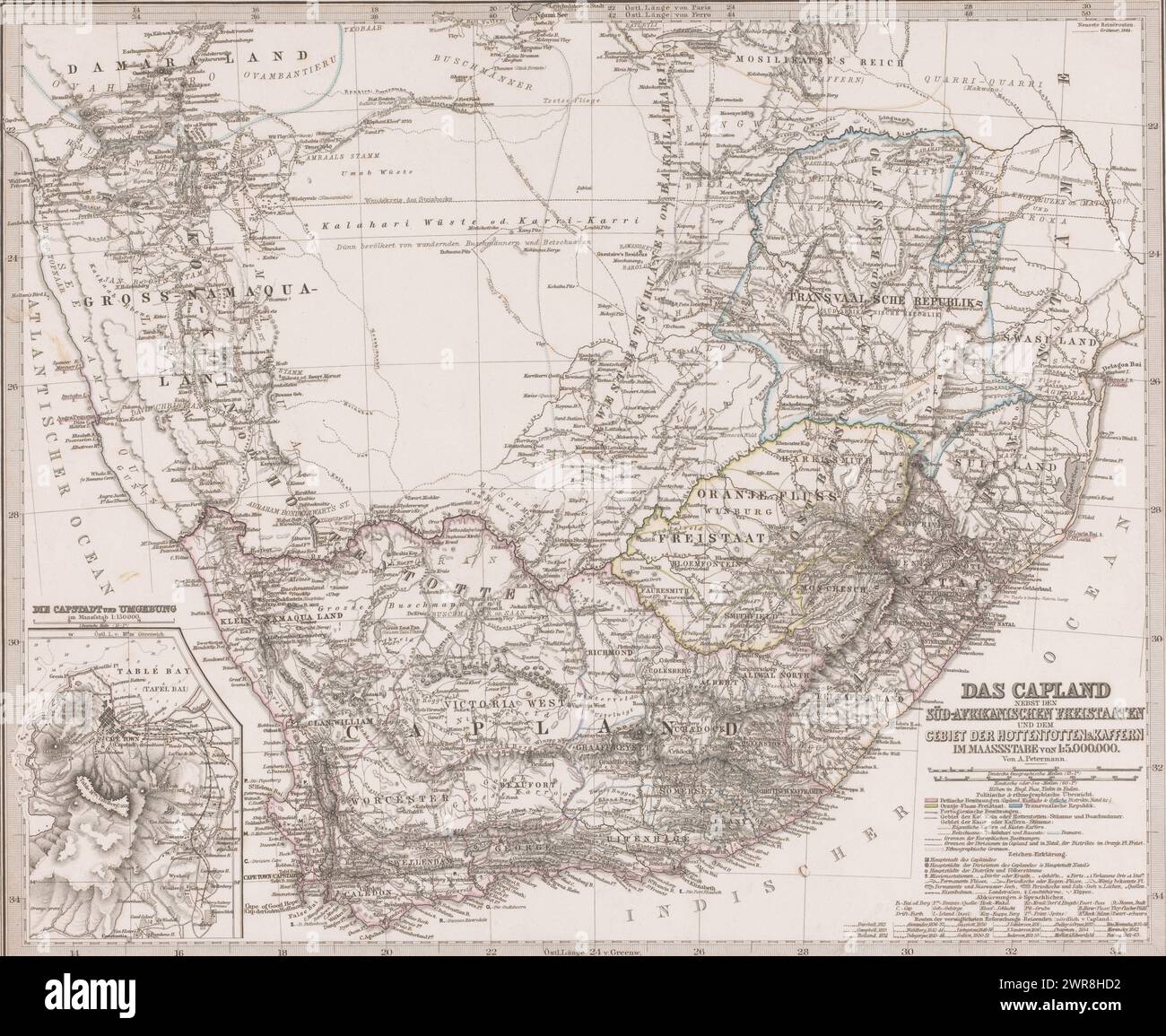 Karte von Südafrika mit der ehemaligen Kapkolonie, das Capland nebst den Süd-Afrikanischen Freistaaten (Titel auf Objekt), nummeriert oben rechts: 45A., Druckerei: Carl Jungmann, Druckerei: Carl Poppey, Hermann Habenicht, Gotha, 1867, Papier, Ätzen, Gravieren, Höhe 371 mm x Breite 446 mm, Druck Stockfoto