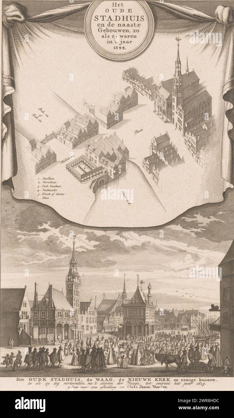 Blick auf das Alte Rathaus in Amsterdam und die angrenzenden Gebäude, das Alte Rathaus und die angrenzenden Gebäude, wie sie im Jahr 1544 waren (Titel auf Objekt), Druck mit zwei Bildern. Unten ein Blick auf das Alte Rathaus, die Waag, die Nieuwe Kerk und andere umliegende Gebäude, wie sie um das Jahr 1615 herum sahen. Oben, in einem Vorhang, ein Blick aus der Vogelperspektive auf das Alte Rathaus und die umliegenden Gebäude, wie sie 1544 sahen., Druckerei: Anonym, nach Entwurf von: Cornelis Anthonisz., nach Zeichnung von: Claes Jansz. Visscher (II), Amsterdam, c. 1765, Papier, Ätzen Stockfoto