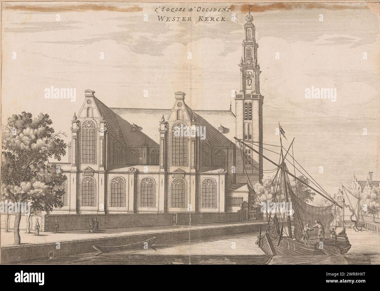 Ansicht der Westerkerk in Amsterdam von der Prinsengracht, L'Eglize d'Occident / Wester Kerck (Titel auf Objekt), Druckerei: Anonym, um 1650 - um 1700, Papier, Ätzen, Buchdruck, Höhe 200 mm x Breite 291 mm, Druck Stockfoto