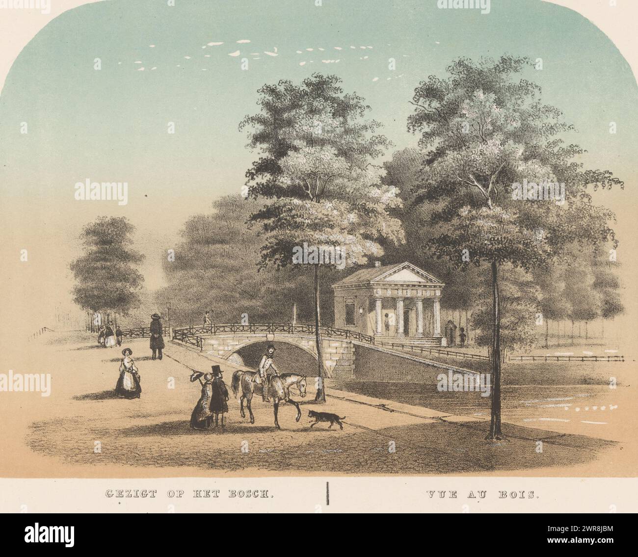 Blick auf den Haagse Bos, Blick auf den Bosch / Vue au Bois (Titel auf Objekt), Blick auf die Waldbrücke (oder Königsbrücke) im Haager Wald. Rechts 'der Warteraum' von Architekt z. Reyers., Druckerei: Anonym, 1820 - 1850, Papier, Höhe 255 mm x Breite 334 mm, Druck Stockfoto