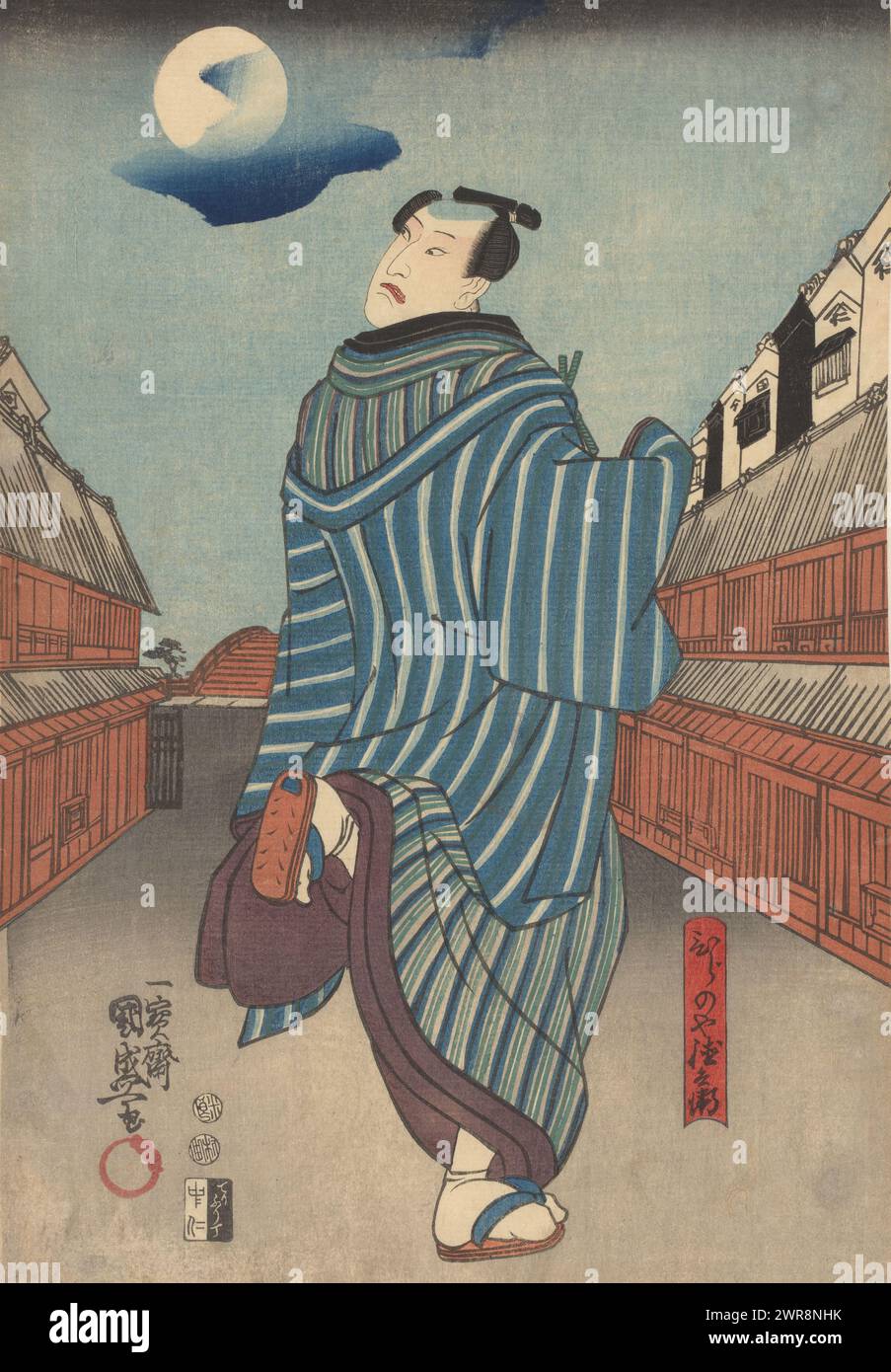 Tokubei läuft durch eine Straße, Tokubei in einem blau gestreiften Kimono, läuft bei Vollmond durch eine Straße mit geschlossenen Holzkaufhäusern auf beiden Seiten., Druckerei: Kunimori, Verlag: Ebisuya Shôshichi, Japan, ca. 1846 - ca. 1848, Papier, Farbholzschnitt, Höhe 364 mm x Breite 257 mm, Druck Stockfoto