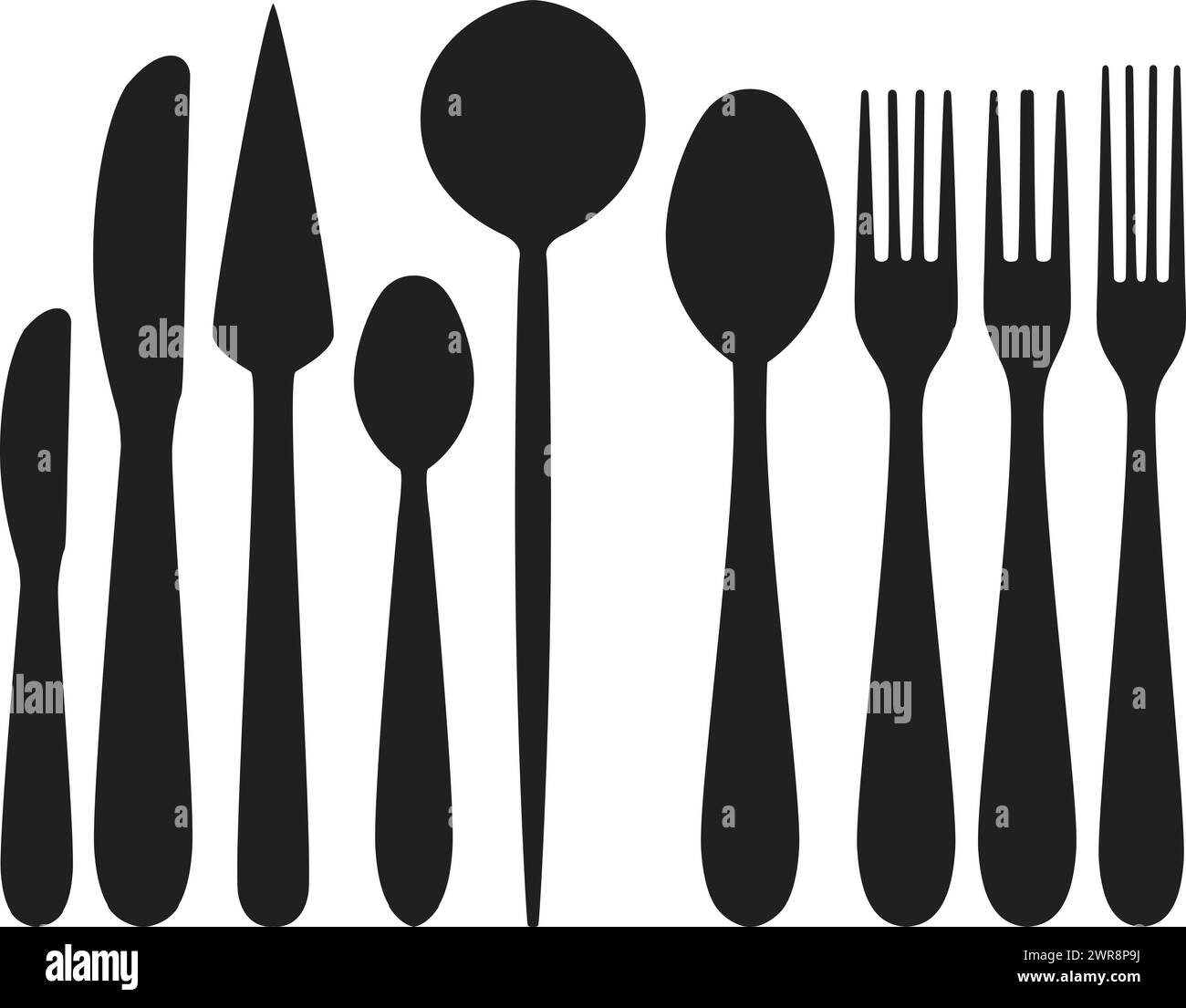 Vektormesser, Löffel und Gabeln isoliert auf weißem Hintergrund. Sammlung von Symbolen für Essensutensilien. Schwarze Silhouetten von Küchenbesteck Stock Vektor