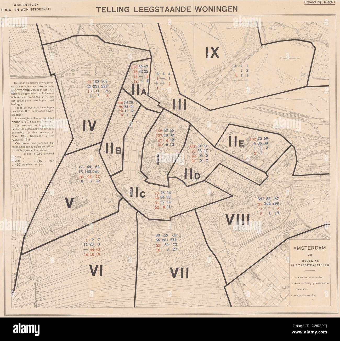 Reproduktion einer Karte von Amsterdam mit dem Grafen der leerstehenden Häuser in der Stadt, Amsterdam mit Aufteilung in Stadtviertel (Titel auf Objekt), Top: Kommunale Gebäude- und Wohnungsaufsicht. Gehört zu Anhang I. Hersteller: Anonym, in oder nach 1912, Papier, Fotolithographie, Höhe 426 mm x Breite 457 mm, fotomechanischer Druck Stockfoto