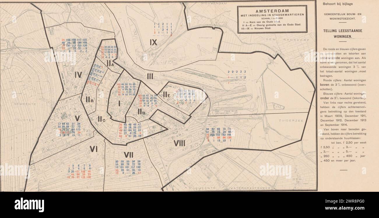 Reproduktion einer Karte von Amsterdam mit dem Grafen der leerstehenden Häuser in der Stadt, Amsterdam mit Aufteilung in Stadtviertel (Titel auf Objekt), rechts eine Legende., Hersteller: Anonym, in oder nach 1914, Papier, Fotolithographie, Höhe 238 mm x Breite 466 mm, fotomechanischer Druck Stockfoto