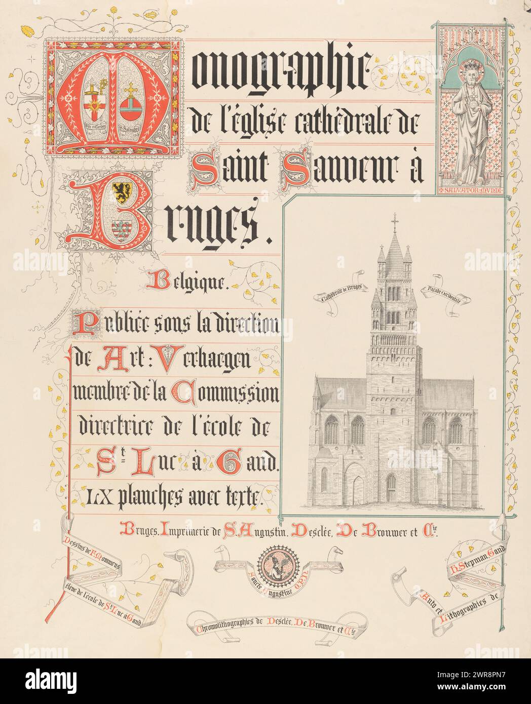 Kathedrale Saint Salvator in Brügge, Monographie de l'eglise cathédrale de Saint Sanveur à Brügge (Titel auf dem Objekt), Blatt mit Blick auf die Kathedrale Saint Salvator in Brügge, Bild einer Statue des Heiligen Salvator und ornamentierter Text., Druckerei: Anonym, nach Entwurf: Unbekannt, Drucker: Brouwer & Co, 1850 - 1900, Papier, Höhe 643 mm x Breite 496 mm, Druck Stockfoto