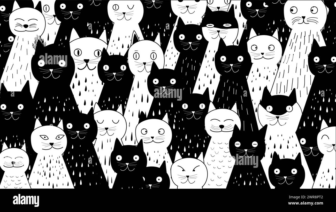 Cartoon-Set mit niedlichen handgezeichneten Kritzelkatzen. Hintergrund der schwarz-weißen Katzenkritzeleien. Stock Vektor