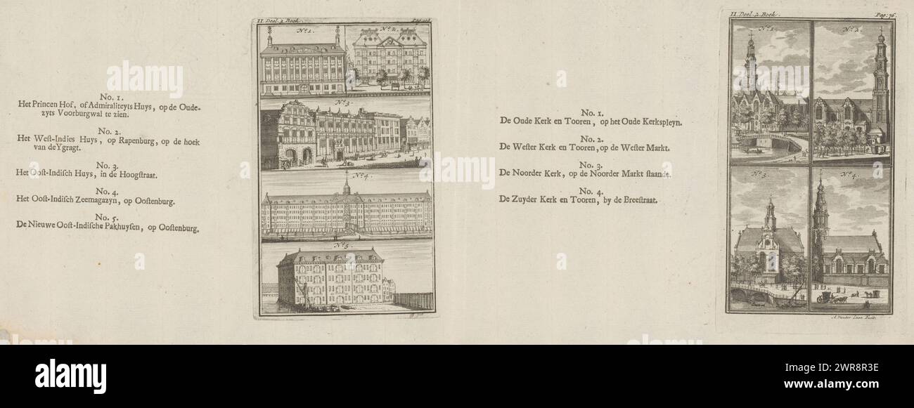 Blick auf die Oude Kerk, die Westerkerk, die Noorderkerk und die Zuiderkerk in Amsterdam (rechte Platte), Blick auf den Prinsenhof, das West Indies Warehouse, das East Indies House, das East Indies Sea Warehouse und das East Indies Warehouse (linke Platte), nummeriert auf dem Druck auf der rechten Seite: Teil II. 2. Buch; Seite: 76. Auf dem Druck auf der linken Seite: II Teil 3. Buch..; Seite: 103., Druckerei: Adolf van der Laan, Druckerei: Johannes Folkema, Verlag: Jacobus Verheyde (I), Amsterdam, 1723, Papier, Ätzen, Buchdruck Stockfoto