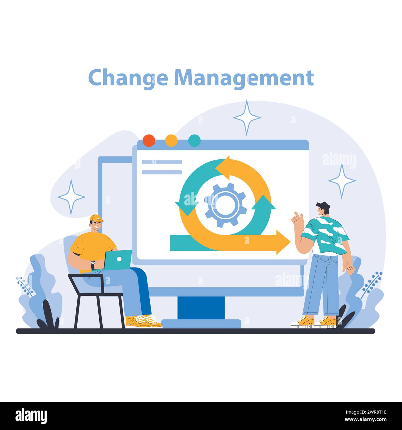Strategie und Managementkonzept. Experten, die organisatorisches Änderungsmanagement leiten. Umsetzung der Transformation, Förderung der Anpassungsfähigkeit und Gewährleistung der Kontinuität. Illustration des flachen Vektors. Stock Vektor