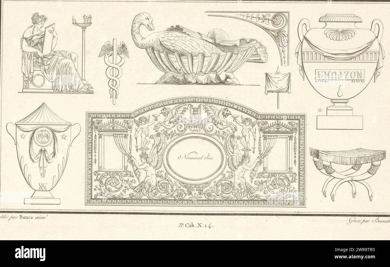 Verschiedene Ornamente, verschiedene Ornamente. Teil (3. CAH. N. 14) des Printalbums mit zwei Serien von insgesamt 138 ornamentalen Drucken von Beauvallet und Normand, 'Fragmens d'Ornemens dans le Style Antique'., Druckerei: Pierre-Nicolas Beauvallet, nach Entwurf: Charles Pierre Joseph Normand, Verlag: Jacques-Louis Bance, Paris, 1820, Papier, Ätzen Stockfoto