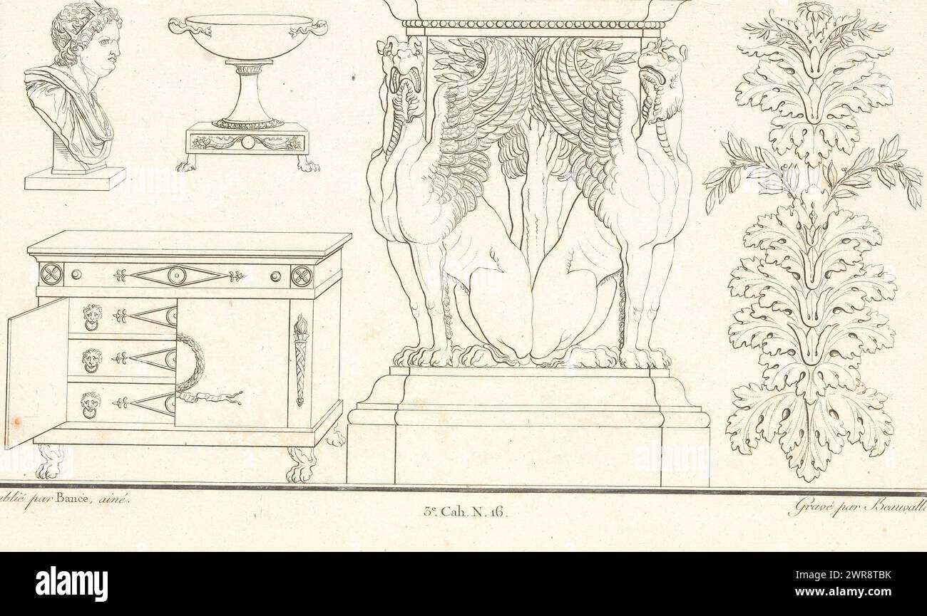 Verschiedene Möbel, darunter ein Tisch mit Greifen, Ornamentmuster einschließlich verschiedener Möbel, darunter ein Tisch mit Greifen. Teil (3. CAH. N. 16) des Printalbums mit zwei Serien von insgesamt 138 Ornamentdrucken von Beauvallet und Normand, 'Fragmens d'Ornemens dans le Style Antique'., Druckerei: Pierre-Nicolas Beauvallet, Verlag: Jacques-Louis Bance, Paris, 1820, Papier, Ätzen Stockfoto