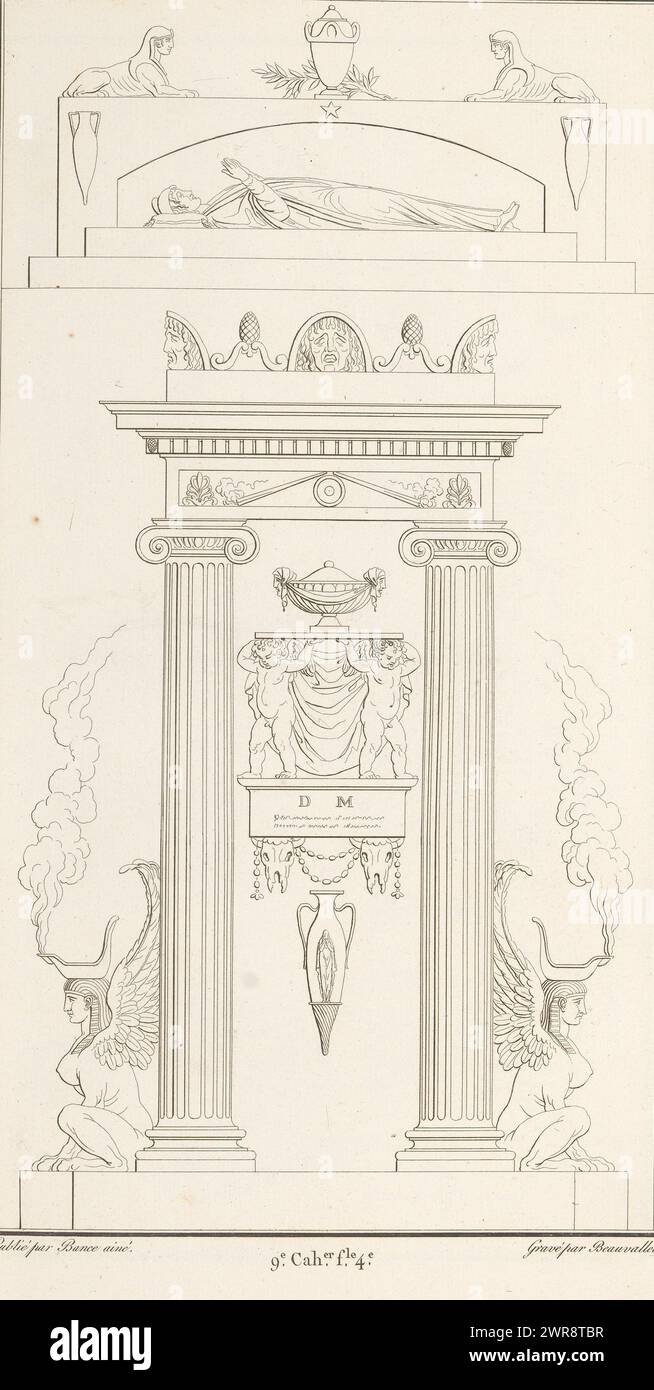 Wand mit Sphinxen, Ornament Print mit Wanddekoration mit zwei Pilastern und Sphinxen. Teil (9E. CAH. f.le 4) des Printalbums mit zwei Serien von insgesamt 138 ornamentalen Drucken von Beauvallet und Normand, 'Fragmens d'Ornemens dans le Style Antique'., Druckerei: Pierre-Nicolas Beauvallet, Verlag: Jacques-Louis Bance, Paris, 1820, Papier, Ätzen Stockfoto