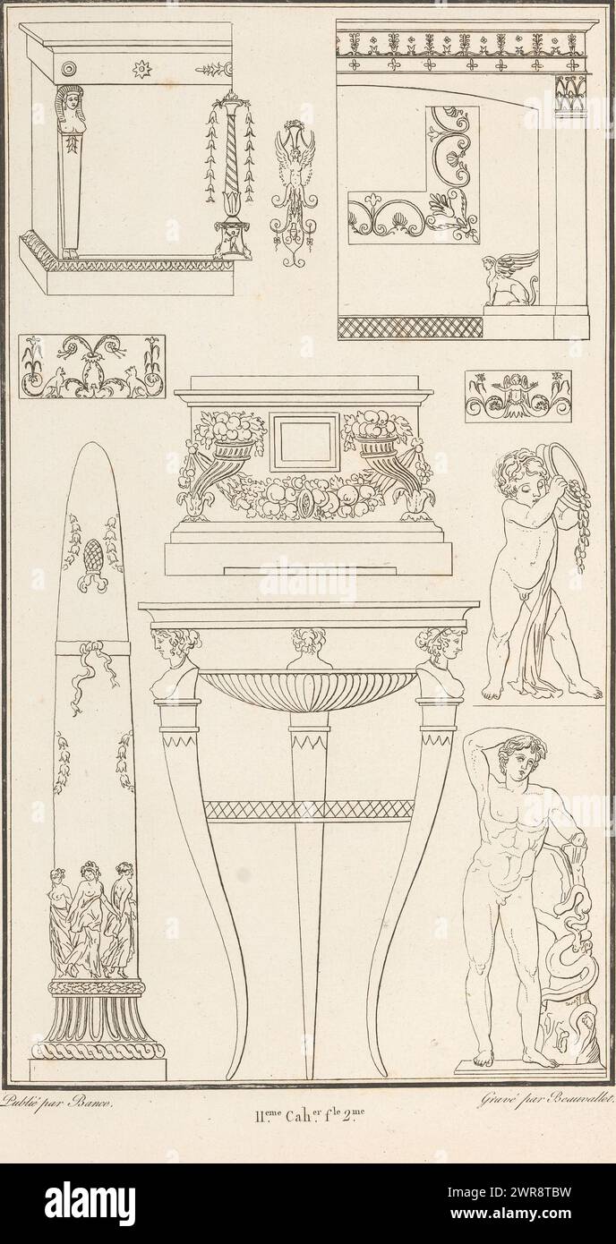 Verschiedene Ornamente, ornamentaler Druck mit verschiedenen Gegenständen, eine zentrale Opferschale auf hoher Basis. Teil (11E. CAH. f.le 2) des Printalbums mit zwei Serien von insgesamt 138 ornamentalen Drucken von Beauvallet und Normand, 'Fragmens d'Ornemens dans le Style Antique'., Druckerei: Pierre-Nicolas Beauvallet, Verlag: Jacques-Louis Bance, Paris, 1820, Papier, Ätzen Stockfoto