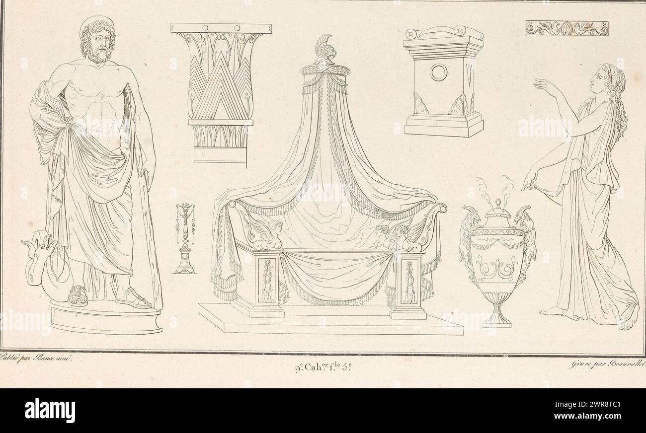 Verschiedene Ornamente, Ornamentdruck mit einer zentralen Liege mit Baldachin, links und rechts ein stehender Mann und eine stehende Frau. Teil (9E. CAH. f.le 5) des Printalbums mit zwei Serien von insgesamt 138 ornamentalen Drucken von Beauvallet und Normand, 'Fragmens d'Ornemens dans le Style Antique'., Druckerei: Pierre-Nicolas Beauvallet, Verlag: Jacques-Louis Bance, Paris, 1820, Papier, Ätzen Stockfoto