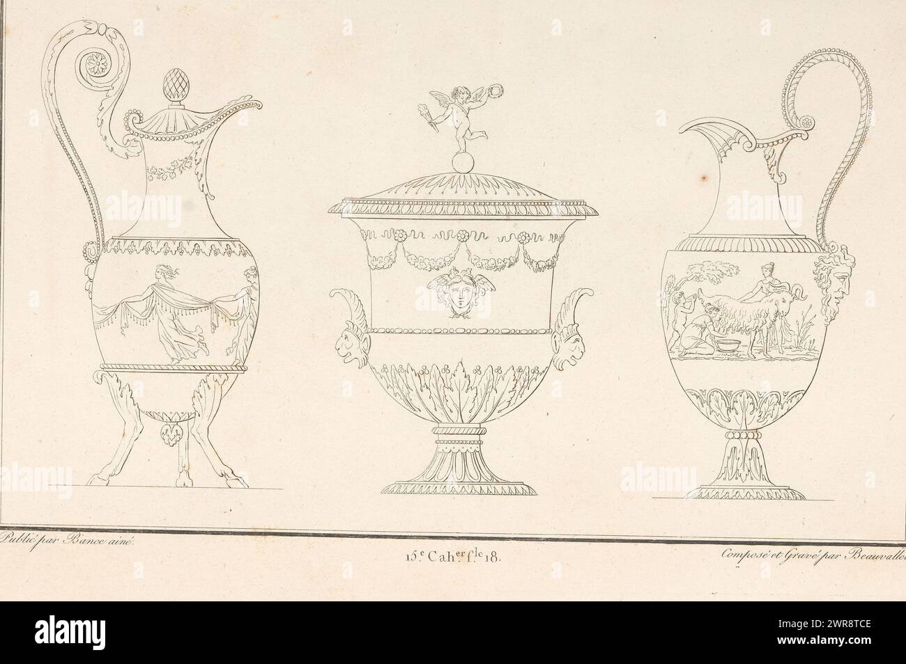 Vasen und Schüssel, Ornament Print mit zwei Vasen und eine Schüssel mit Deckel. Teil (15E. CAH. f.le 18) des Printalbums mit zwei Serien von insgesamt 138 ornamentalen Drucken von Beauvallet und Normand, 'Fragmens d'Ornemens dans le Style Antique'., Druckerei: Pierre-Nicolas Beauvallet, nach eigenem Entwurf von: Pierre-Nicolas Beauvallet, Verlag: Jacques-Louis Bance, Paris, 1820, Papier, Ätzen Stockfoto