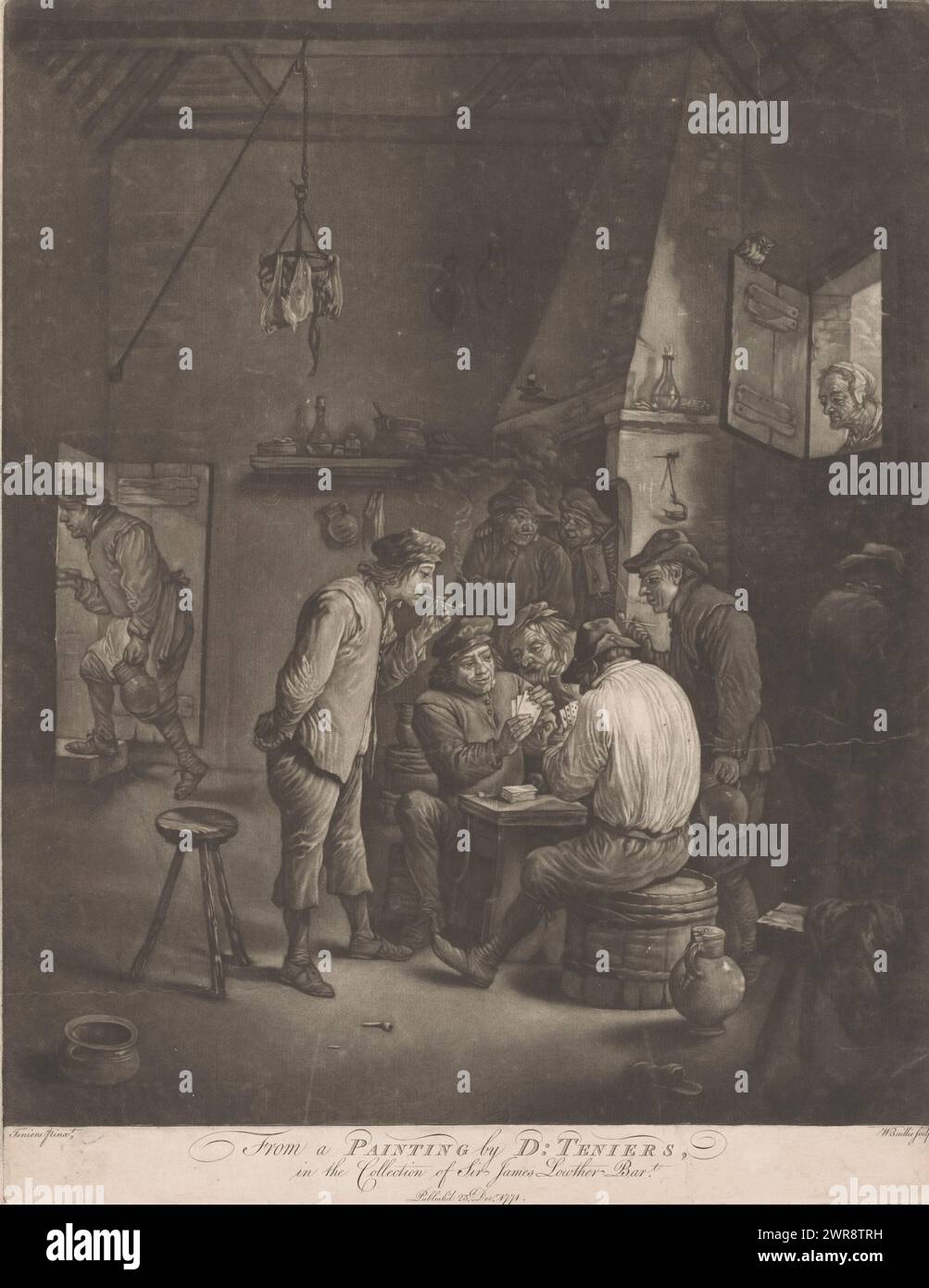 Bauern spielen Karten in einem gasthaus, Bauern spielen Karten in einem gasthaus mit pfeifenrauchenden Zuschauern. Rechts ein Fenster, durch das eine alte Frau hineinschaut., Druckerei: William Baillie, nach Malerei von: David Teniers (II), England, Dez-1771, Papier, Höhe 436 mm x Breite 338 mm, Druck Stockfoto