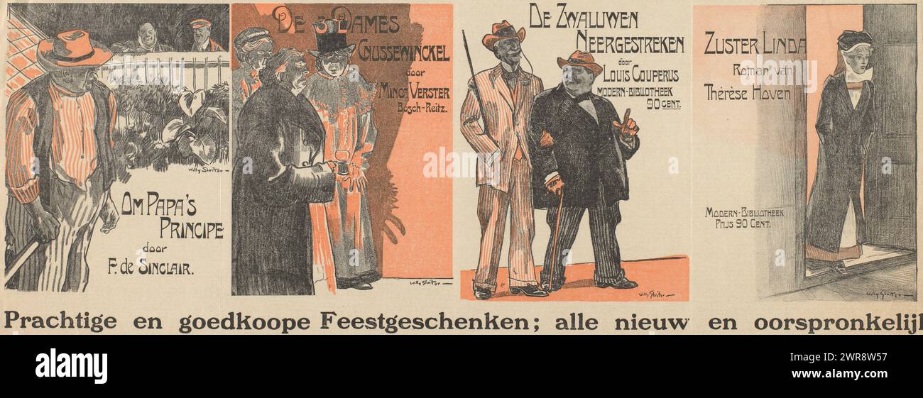 Werbebrief für vier Ausgaben der Modern Library, schöne und günstige Partygeschenke; ganz neu und originell (Titel auf Objekt), Poster mit Bildern von vier Bucheinbänden., Druckerei: Willy Sluiter, Verlag: Van Holkema & Warendorf, Amsterdam, ca. 1911, Papier, Höhe 202 mm x Breite 525 mm, Druck Stockfoto