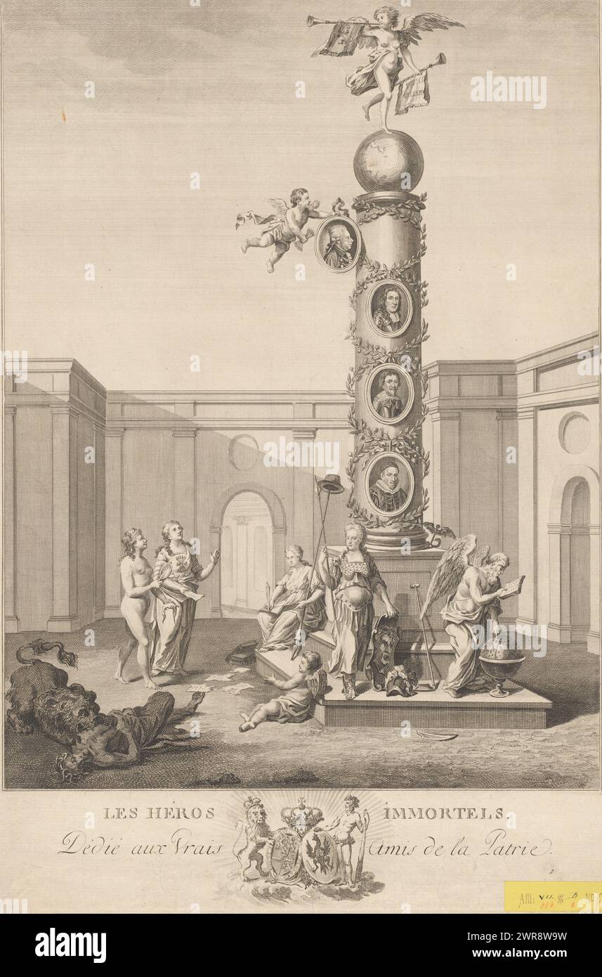 Unsterbliche Heroes, 1787, Les Héros Immortels (Titel über Objekt), Allegory über die Wiederherstellung von Stadtholder Wilhelm V. im Jahr 1787. Ehrensäule mit den Porträts von Wilhelm von Orange, Friedrich Heinrich und Wilhelm III., über denen das Porträt von Wilhelm V. hängt. Oben auf der Säule bläst Fame die Trompete. Am Fuße der Säule hat die Wahrheit die Augenbinde aus den Augen der Republik gezogen, ebenso wie die Freiheit, Wilhelmina von Preußen als Minerva und Vaterzeit. Auf der linken Seite zerreißt der niederländische Löwe die Discord. In der Bildunterschrift die Wappen von Orange und Preußen. Stockfoto