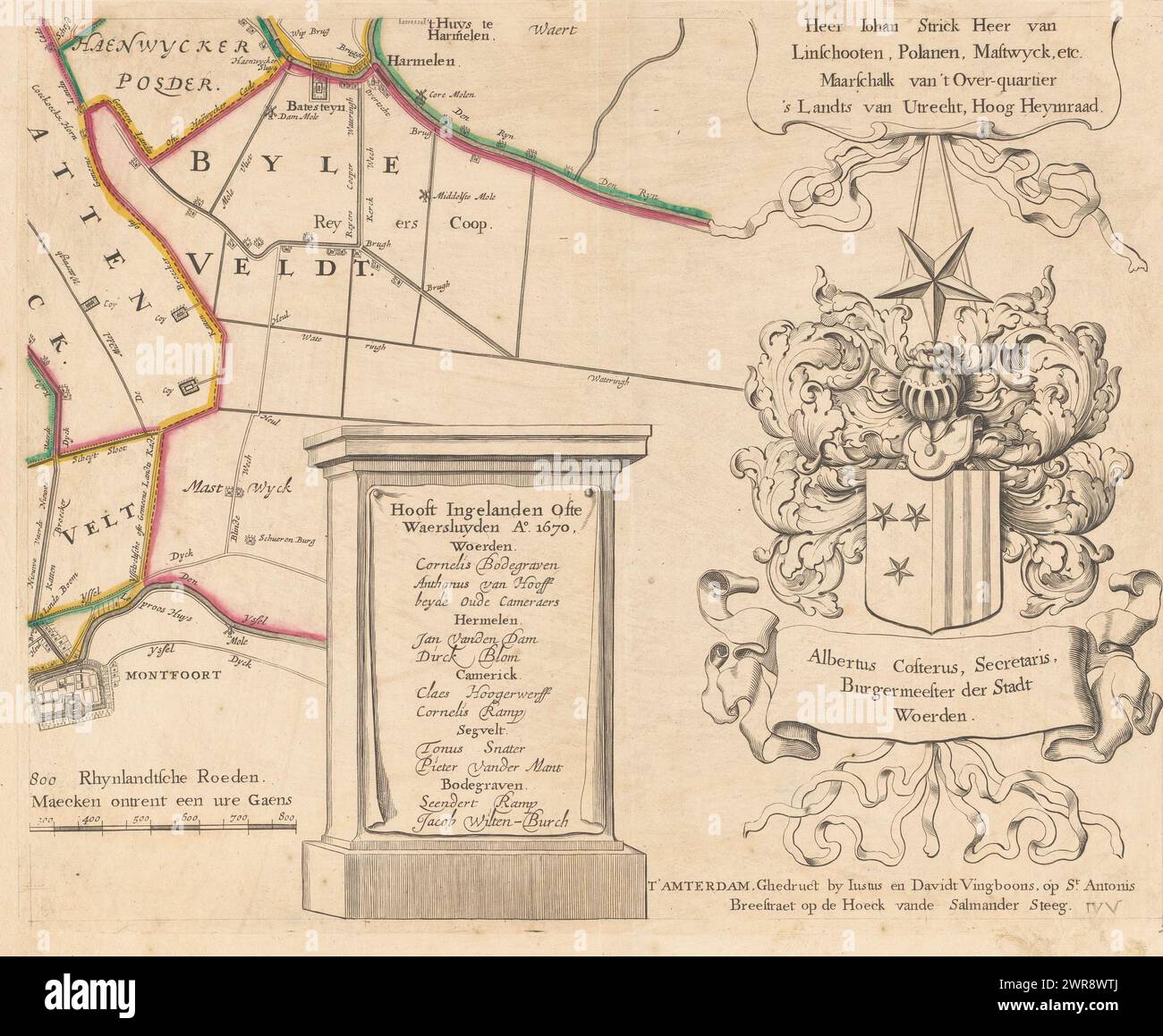 Karte des Woerden Water Board (neunter Teil), 't Hooghe Heymraedtschap vande lande van Woerden (Titel auf Objekt), neunter Teil (unten rechts) einer Karte des Woerden Water Board., Druckerei: Justus Vinckboons, Druckerei: David Vinckboons (II), nach eigenem Entwurf von: Justus Vinckboons, Amsterdam, 1670 und/oder 1684, Papier, Gravur, Höhe 416 mm x Breite 517 mm, bedruckt Stockfoto