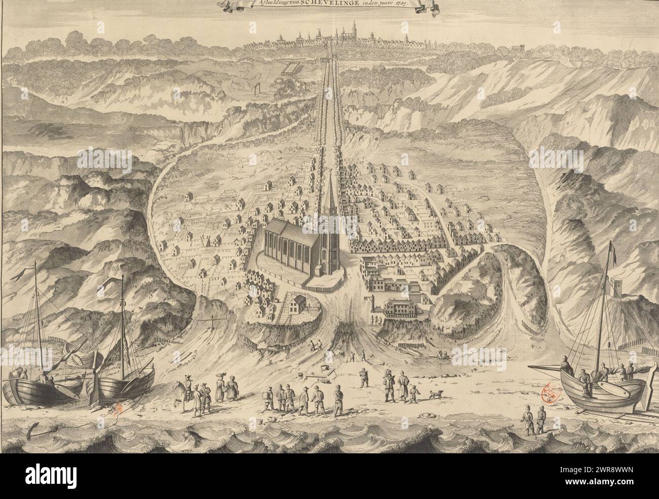 Ansicht Scheveningen, 1729, Bild Schevelinge im Jahr 1729 (Titel über Objekt), Ansicht des Dorfes Scheveningen im Jahr 1729. Im Vordergrund das Meer und der Strand mit einer Reihe von Figuren und Schiffen. Dahinter das Dorf mit der Kirche in der Mitte. Im Hintergrund den Haag. Über einer Banderole mit dem Titel., Druckerei: Anonym, nach Zeichnung von: Gerrit van Giessen, Verlag: Reinier Boitet, nach Zeichnung von: Den Haag, Verlag: Delft, Verlag: Amsterdam, 1729 - 1736, Papier, Gravur, Ätzen, Höhe 354 mm x Breite 510 mm Stockfoto