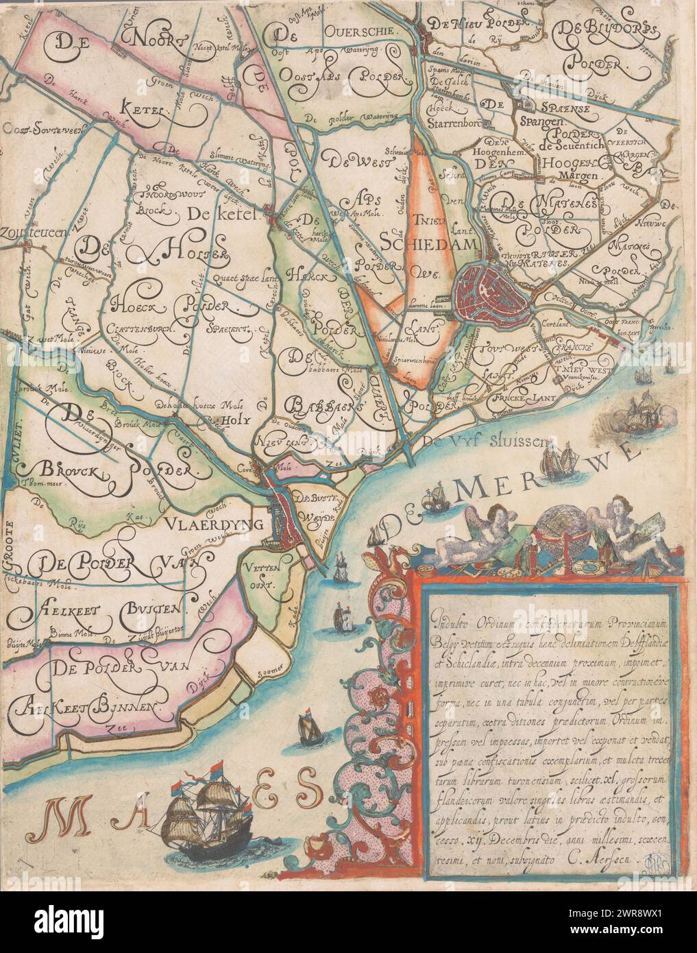 Karte des Delfland Water Board, mit Schiedam und Umgebung, Teil rechts unten, Druckerei: Floris Balthasarsz. Van Berckenrode, Druckerei: Balthasar Florisz. Van Berckenrode, Floris Balthasarsz. Van Berckenrode, 1611 - 1692, Papier, Ätzen, Gravieren, Höhe 387 mm x Breite 300 mm, bedruckt Stockfoto