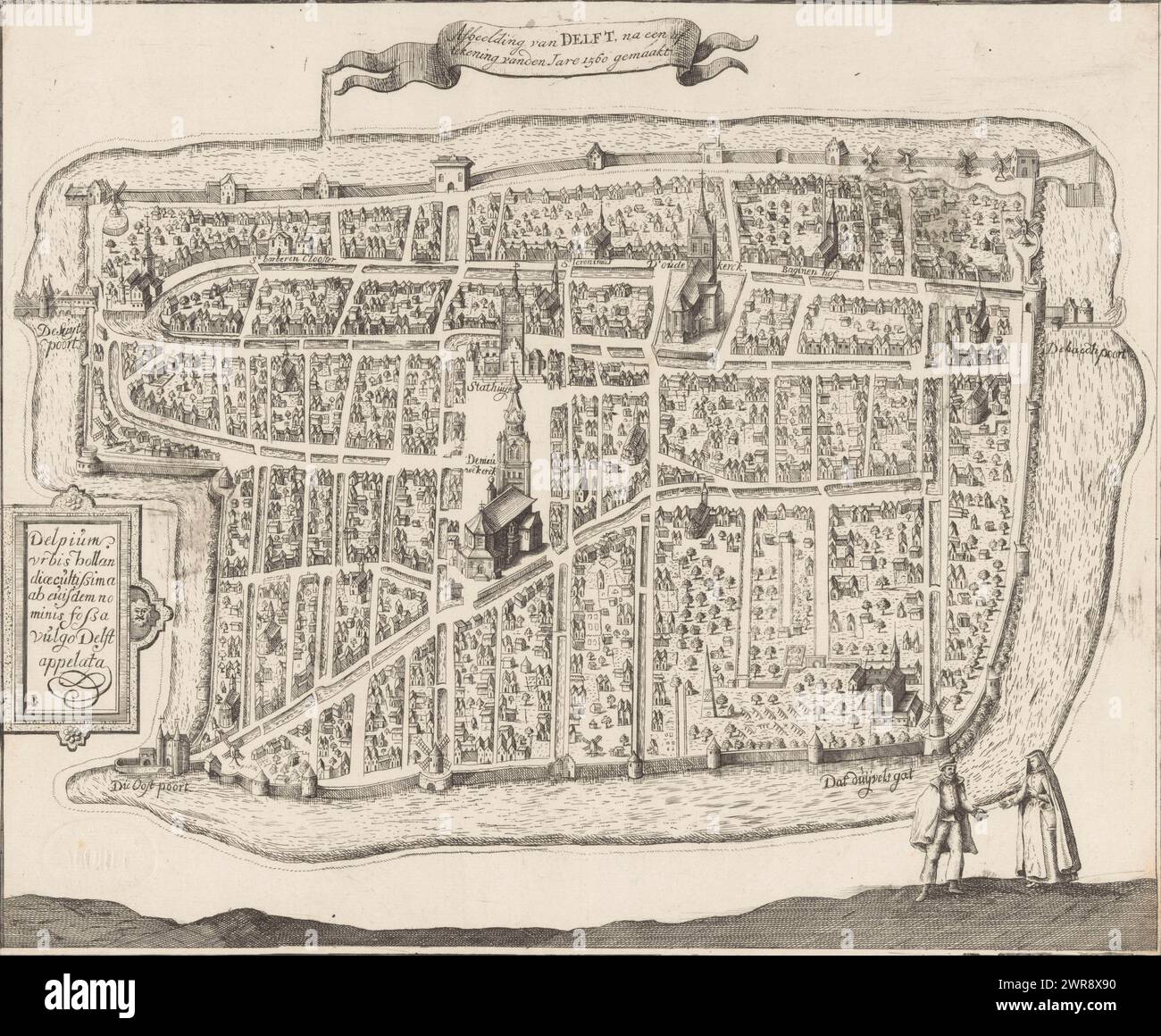 Karte von Delft, Bild von Delft, nach einer Zeichnung von 1560 / Delpium urbis Hollandiae cultissima ab euisdem nominis fossa vulgo Delft appelata (Titel auf Objekt), Karte in Vogelperspektive. Oben in der Mitte befindet sich eine Banderole mit dem niederländischen Titel. Links eine Kartusche mit dem lateinischen Titel. Zwei Figuren unten rechts., Druckerei: Monogrammist IB (18e eeuw), nach Druck: Frans Hogenberg, Verlag: Reinier Boitet, (möglicherweise), Delft, 1729, Papier, Ätzen, Gravieren, Höhe 270 mm, Breite 326 mm, drucken Stockfoto