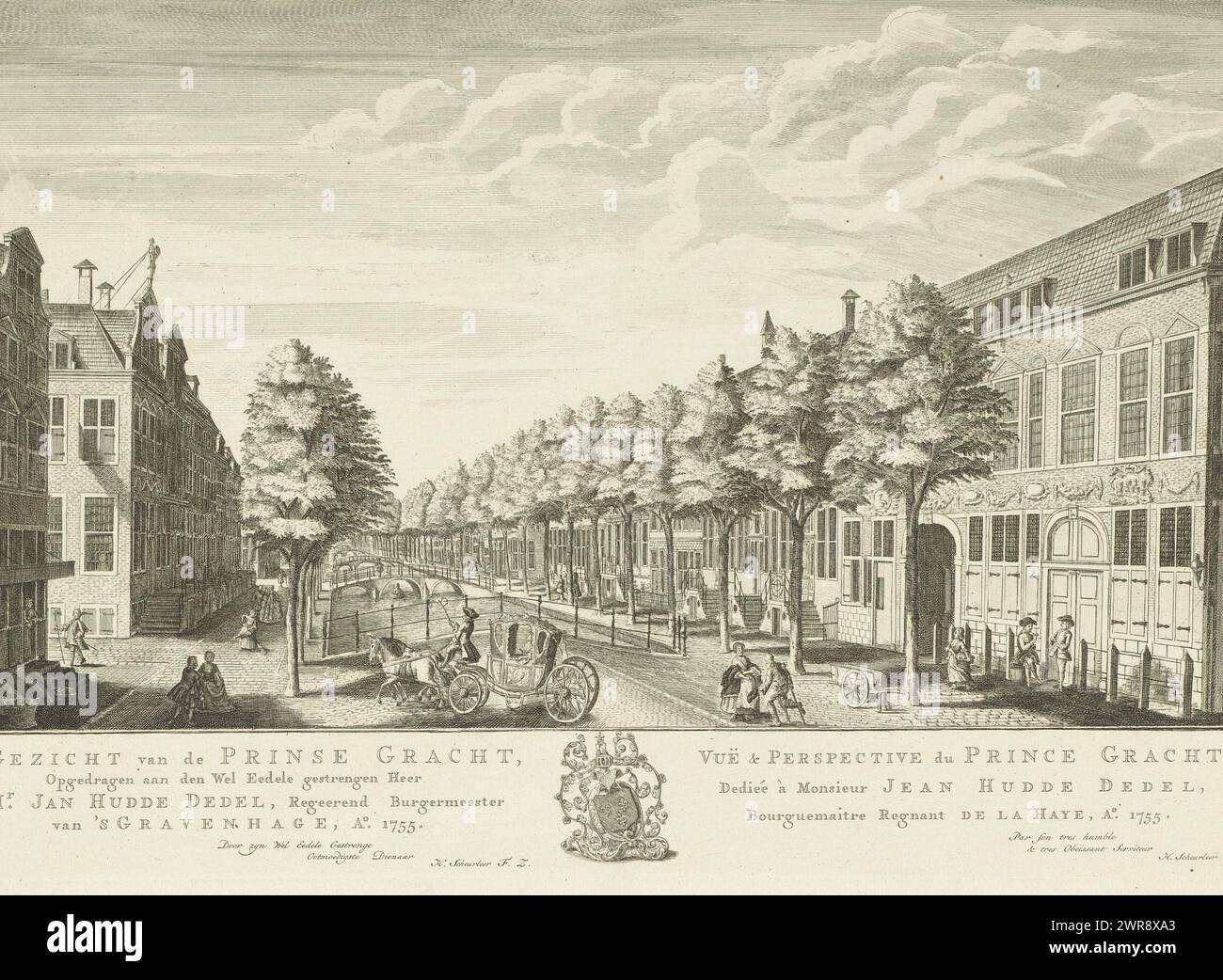 Blick auf die Prinsegracht in den Haag, Blick auf die Prinse Gracht / Vuë & Perspektive du Prince Gracht (Titel auf Objekt), achtzehn Ansichten in und um den Haag (Besoet / Scheurleer) (Serientitel), Blick auf die Prinsegracht in den Haag, Blick nach Westen. Ganz rechts befindet sich der Boterwaag an der Ecke Grote Markt, links der Eingang zur Boekhorststraat. Unterhalb der Aufführung der Titel und Widmung in Niederländisch und Französisch, mit dem Familienwappen des Haager Bürgermeisters Johan Hudde Dedel in der Mitte. Drucken Sie aus einer Serie von achtzehn Ansichten in und um den Haag. Stockfoto