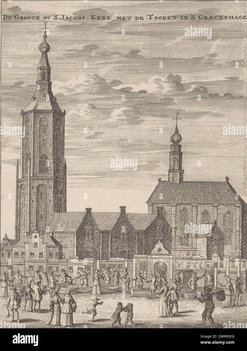 Blick auf die Grote Kerk in den Haag, de Groote oder S. Jacobs Kerk mit dem Turm in den Haag (Titel auf Objekt), Blick auf die Grote Kerk, auch Sint-Jacobskerk genannt, in den Haag. Von der Seite des River Fish Market aus gesehen. Verschiedene Fischhändler und andere Figuren vor der Kirche., Druckerei: Anonym, Herausgeber: Jan Claesz ten Hoorn, (evtl.), Verlag: Johannes Ratelband (I), (evtl.), Amsterdam, 1711 - 1729, Papier, Ätzen, Gravieren, Höhe 175 mm x Breite 133 mm, Druck Stockfoto