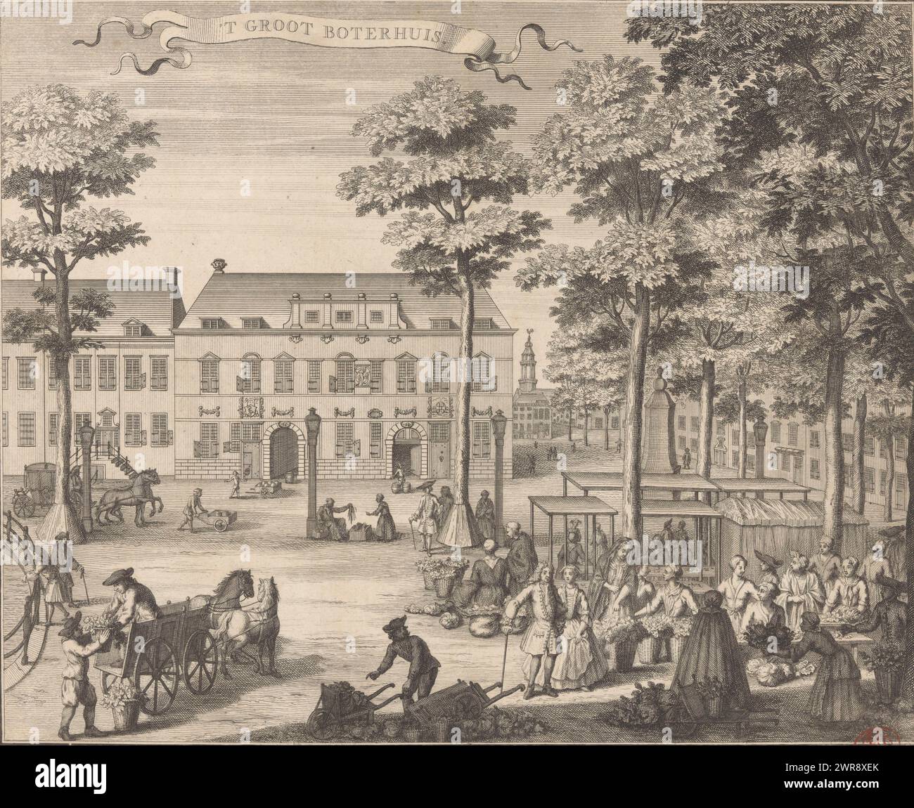 Ansicht des Boterwaag in den Haag, 't Groot Boterhuis (Titel auf Objekt), Ansicht des Boterwaag, auch Grote Boterhuis genannt, auf dem Grote Markt in den Haag. Im Vordergrund verschiedene Marktstände und Figuren., Druckerei: Anonym, nach Zeichnung von: Gerrit van Giessen, Verlag: Reinier Boitet, nach Zeichnung von: Den Haag, Verlag: Delft, Verlag: Amsterdam, 1730 - 1736, Papier, Ätzen, Gravieren, Höhe 281 mm x Breite 343 mm, Druck Stockfoto