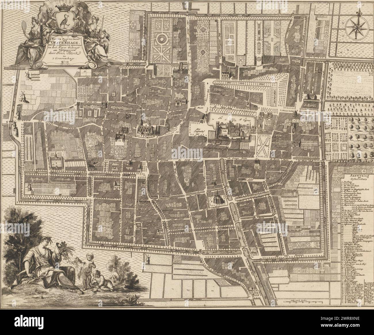 Karte von den Haag, neue Karte von den Haag. Mit den Hauptgebäuden (Titel auf Objekt), Karte mit Gebäuden aus der Vogelperspektive. Oben links die Titelkartusche mit dem Wappen des Haag oben, links eine Frauenfigur mit Spiegel und Fasces (evtl. eine Personifikation der Gerechtigkeit) und rechts Justitia. Unten links eine weibliche Figur mit dem Plushorn und zwei Jungs. Unten rechts eine Legende 1-79. Links davon ein Schuppenstab: Maßstab von 60 Stäben., Druckerei: Joan Block, Verlag: Joan Block, den Haag, 1736 - 1742, Papier, Ätzen, Gravieren Stockfoto