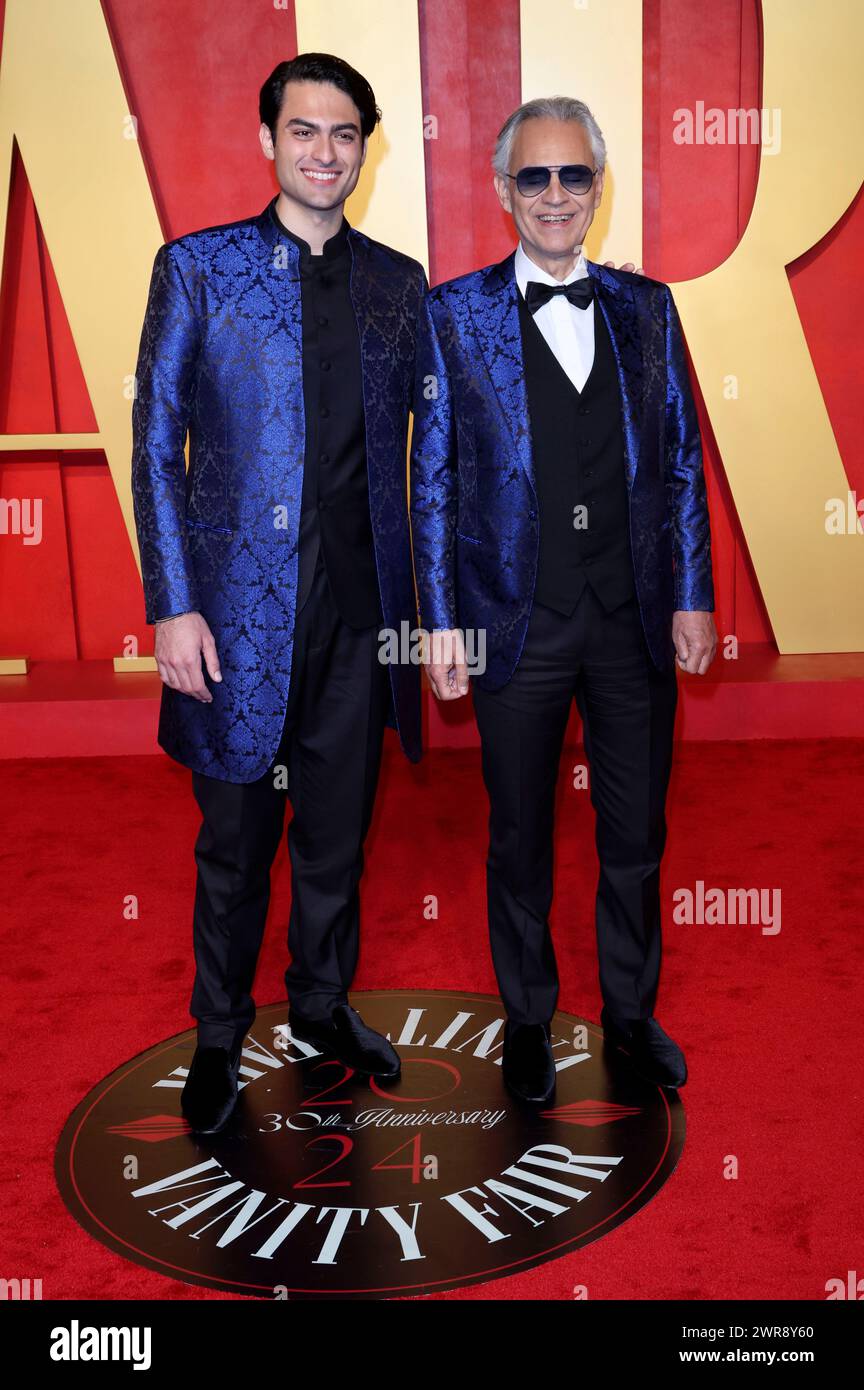 Matteo Bocelli und Andrea Bocelli bei der Vanity Fair Oscar Party 2024 anlässlich der 96. Oscar-Verleihung im Wallis Annenberg Center for the Performing Arts. Beverly Hills, 10.03.2024 Stockfoto