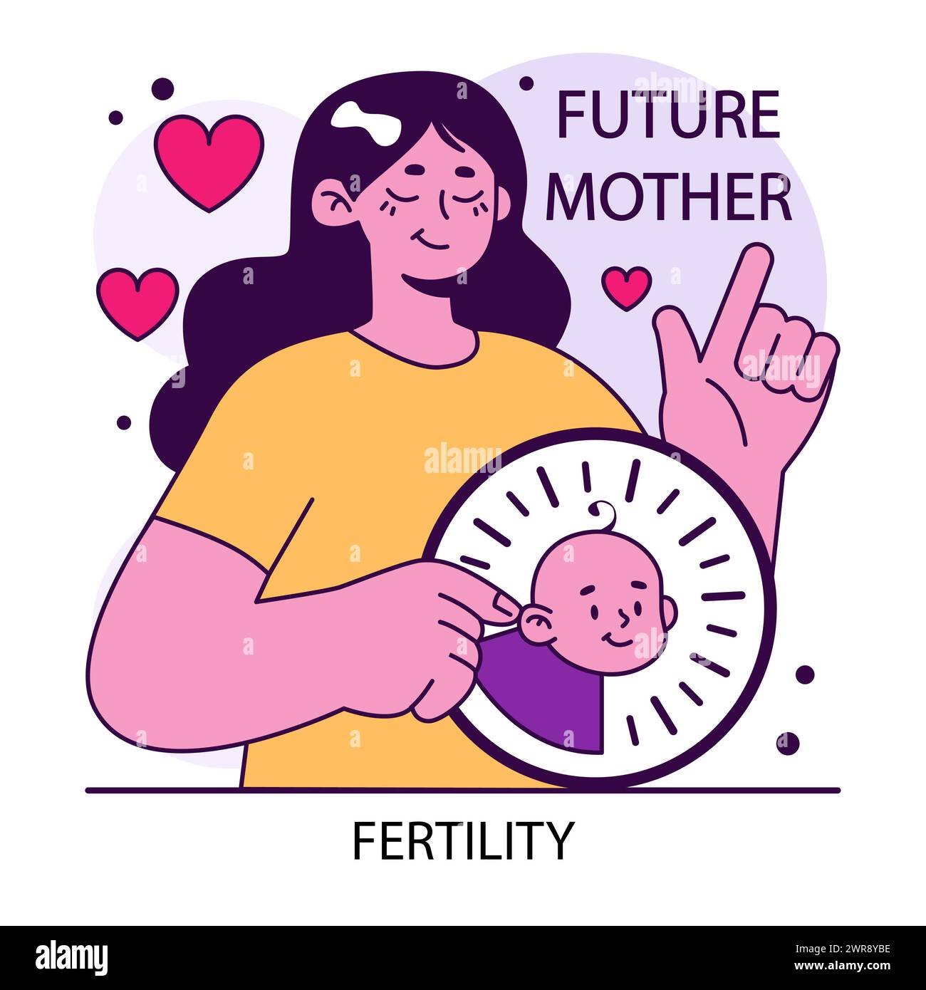 Fertilität. Hoffnungsvolle Frau wird Mutter. Positive Schwangerschaftserwartung. Reproduktive Gesundheit, Mutterschaft und Familienplanung. Illustration des flachen Vektors. Stock Vektor
