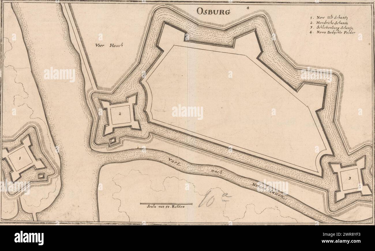 Festungskarte von Oostburg, Osburg (Titel auf Objekt), Festungskarte von Oostburg. Oben rechts eine deutsche Legende 1-4. Unter einem Maßstab: Maßstab 50 Ruhten., Druckerei: Caspar Merian, nach Entwurf: Johann Merck, Verlag: Caspar Merian, Frankfurt am Main, 1654 - ca. 1700, Papier, Ätzen, Höhe 176 mm x Breite 293 mm, Druck Stockfoto