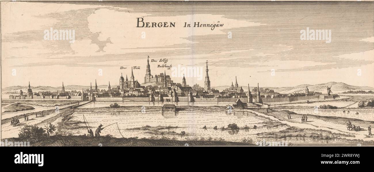 Blick auf Bergen (Mons), Bergen in Hennegäw (Titel auf Objekt), Blick auf Bergen (Mons) aus dem Süden. Die Stadt ist von Wasser umgeben. Mit zwei Fischern im Vordergrund., Druckerei: Caspar Merian, Verlag: Caspar Merian, (Werkstatt), Frankfurt am Main, 1654 - ca. 1700, Papier, Ätzen, Gravur, Höhe 165 mm, Breite 360 mm, bedruckt Stockfoto