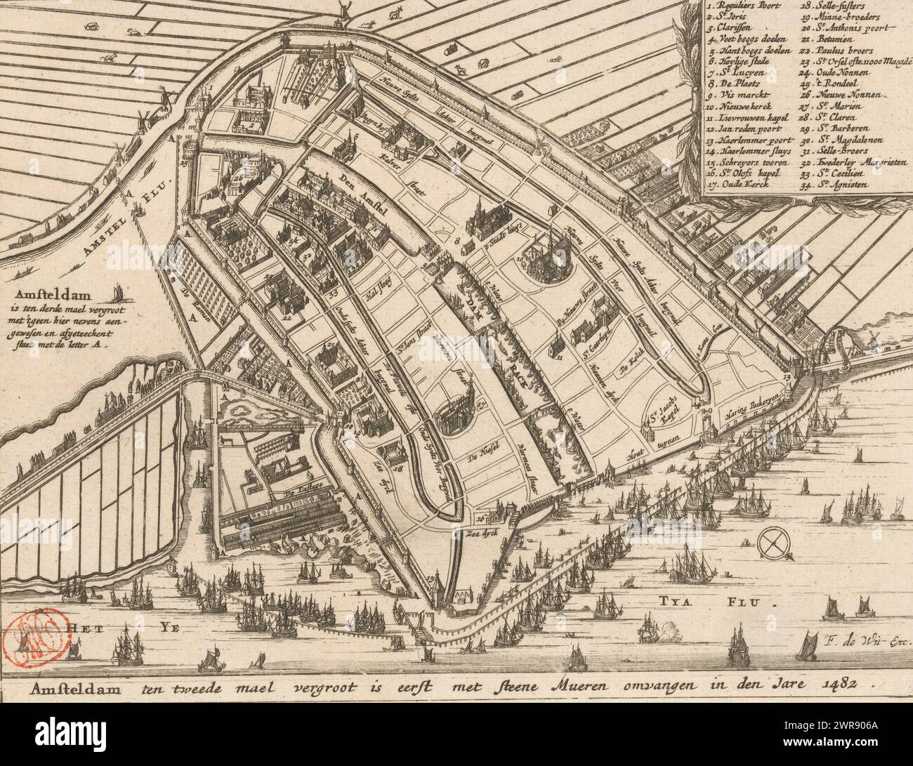 Karte von Amsterdam, 1482, Amsteldam wurde zum zweiten Mal vergrößert, zuerst mit Steinmauern im Jahr 1482 (Titel auf Objekt), vier historischen Karten von Amsterdam (de Wit II) (Serientitel), Karte von Amsterdam, wie sie nach der Erweiterung von 1482 aussieht, aus der Vogelperspektive. Oben rechts eine Kartusche mit der Legende 1-34. Ausrichtung: west-Südwest oben., Druckerei: Anonym, Verlag: Frederik de Wit, Amsterdam, ca. 1671 - ca. 1680, Papier, Ätzen, Gravur, Höhe 169 mm x Breite 220 mm, Druck Stockfoto