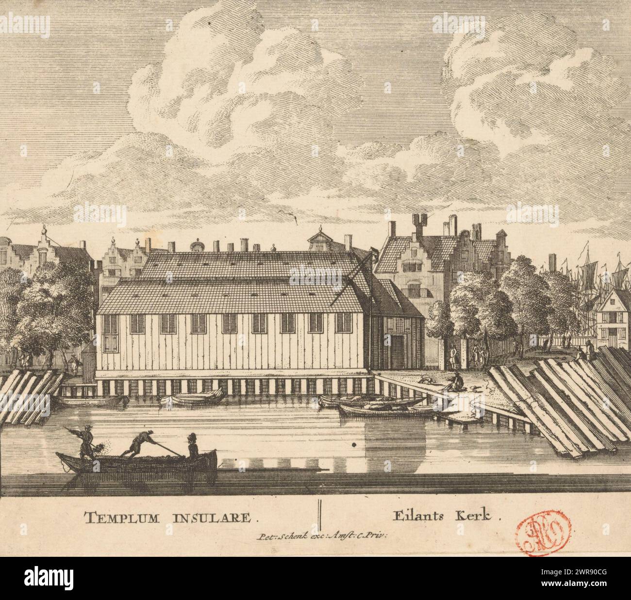 Ansicht der Eilandskerk in Amsterdam, Eilants Kerk / Templum insulare (Titel auf Objekt), 100 Bilder der Hauptgebäude von Amsterdam (Serientitel), Ansicht der Eilandskerk auf dem Bickerseiland in Amsterdam, von Westen gesehen. Unterhalb der Aufführung steht der Titel in lateinischer und niederländischer Sprache. Nummerierung unten rechts weitgehend abgeschnitten [25]., Druckerei: Anonym, Verlag: Pieter Schenk (I), Verlag: Barent Greve, (evtl.), Amsterdam, 1710 - 1711 und/oder 1757 - 1766, Papier, Ätzen, Gravur, Höhe 168 mm x Breite 193 mm, Druck Stockfoto