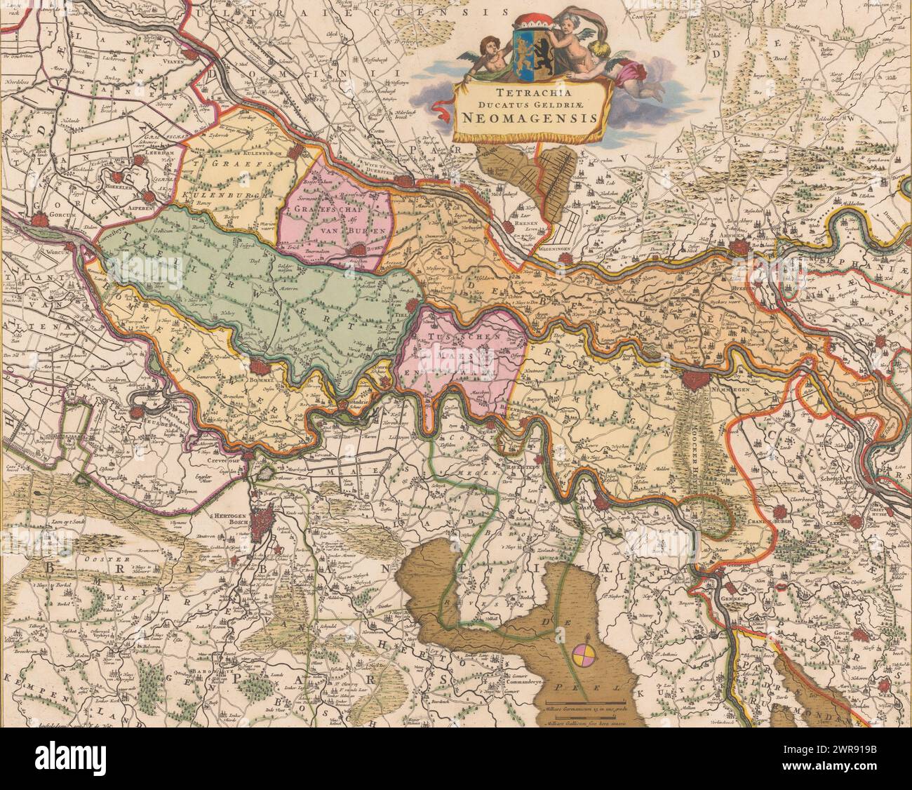 Karte des Viertels Nijmegen, Tetraarchia ducatus Geldriae Neomagensis (Titel auf Objekt), oben rechts von der Mitte, Titelkartusche. Oberhalb der Kartusche Putti mit dem Wappen von Gelre. Unten rechts von der Mitte zwei Skalenstäbe: 1 Milliare Germanicus 15 in uno gradu / 1 Milliare Gallicum sive hora itineris., Druckerei: Anonym, Verlag: Frederik de Wit, Amsterdam, ca. 1689 - ca. 1690, Papier, Radierung, Gravur, Höhe 455 mm x Breite 561 mm, Druck Stockfoto