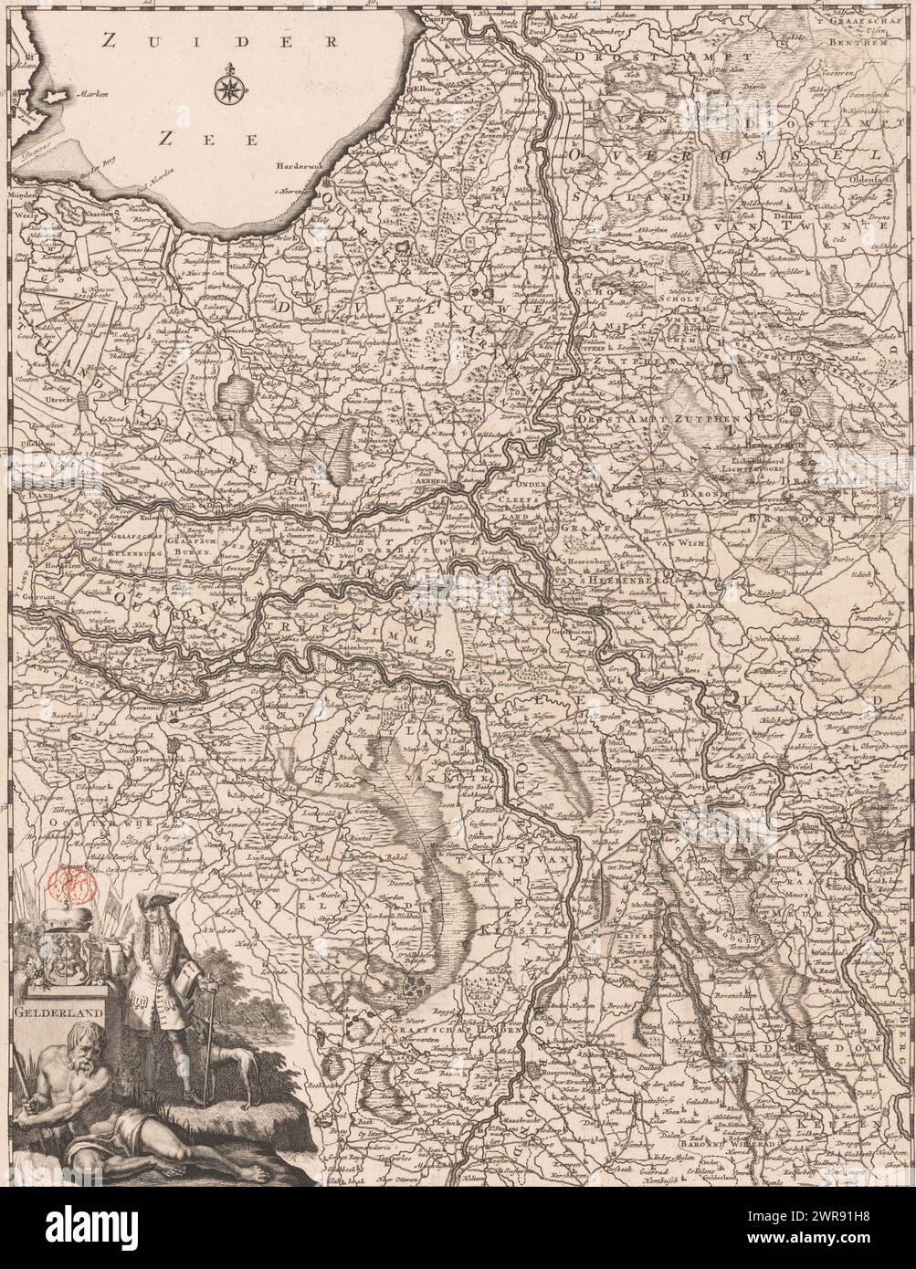 Karte von Gelderland, Gelderland (Titel auf Objekt), unten links Titelkartusche, mit dem Wappen von Gelre oben. An der Kartusche ein Flussgott und ein Gentleman mit einem windhund. Oben rechts markiert: 1. Teil Fol. 349. Die Karte hat eine Gradteilung entlang der Ränder., Druckerei: Anonym, Verlag: Hendrik Halma, Leeuwarden, 1725, Papier, Ätzen, Gravieren, Höhe 427 mm x Breite 330 mm, Druck Stockfoto