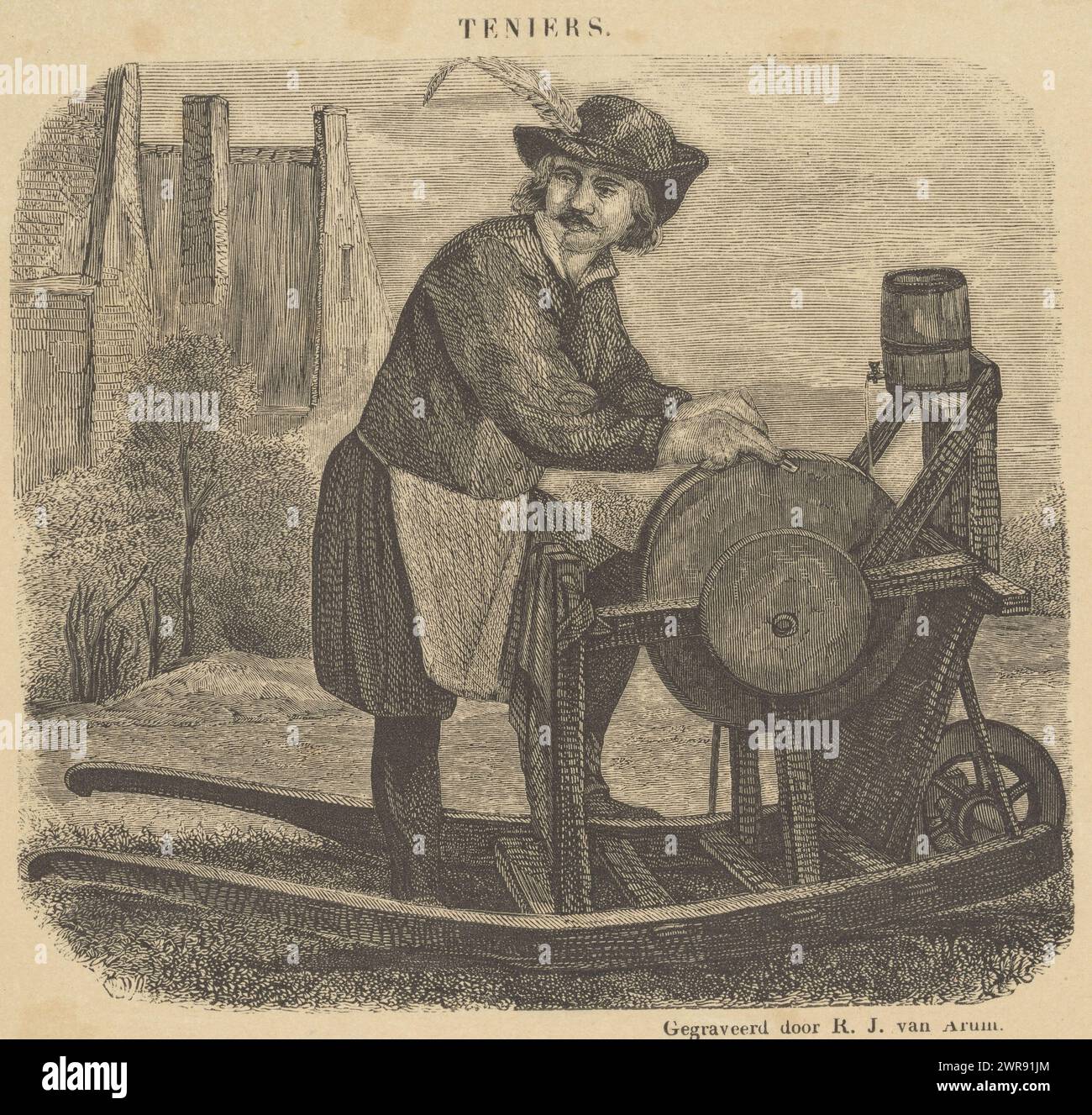 Scherenspitzer in einer Landschaft mit Häusern, Druckerei: Rombertus Julianus van Arum, nach Entwurf: David Teniers, Amsterdam, 1822 - 1883, Papier, Holzstich, Höhe 120 mm x Breite 140 mm, bedruckt Stockfoto