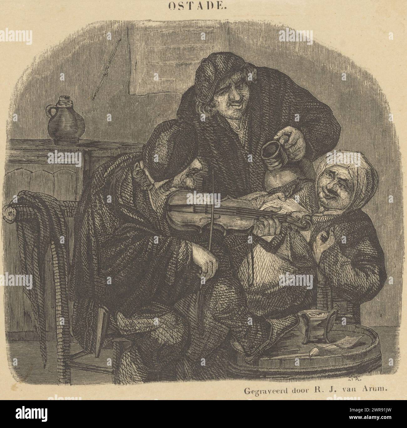 Zwei Bauern und eine Bäuerin trinken und Geige spielen, Druckerei: Rombertus Julianus van Arum, nach Entwurf: Adriaen van Ostade, Amsterdam, 1822 - 1883, Papier, Holzstich, Höhe 113 mm x Breite 133 mm, bedruckt Stockfoto