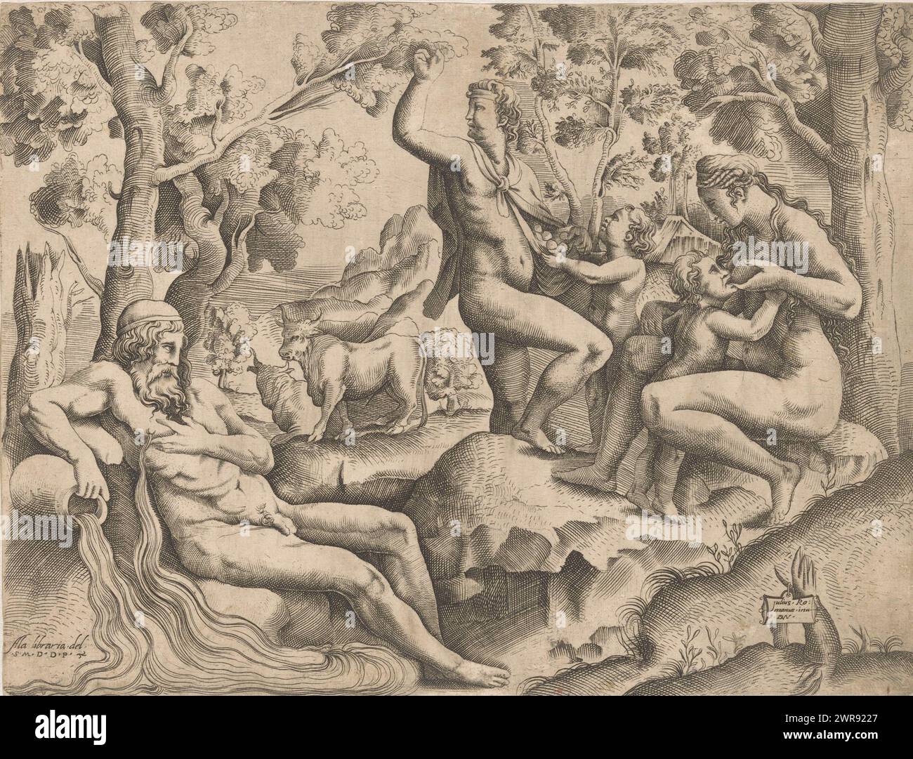 Goldene Ära, die goldene Ära. Links ein Flussgott, der einen Fluss aus seinem Nippel fließen lässt. In der Mitte pflückt ein Mann Früchte von einem Baum. Rechts eine stillende Frau., Druckerei: Monogrammist DW (Graveur), nach Druck von: Battista Franco, (möglicherweise), nach Entwurf von: Giulio Romano, Italien, ca. 1550 - ca. 1558, Papier, Gravur, Höhe 203 mm x Breite 265 mm, Druck Stockfoto