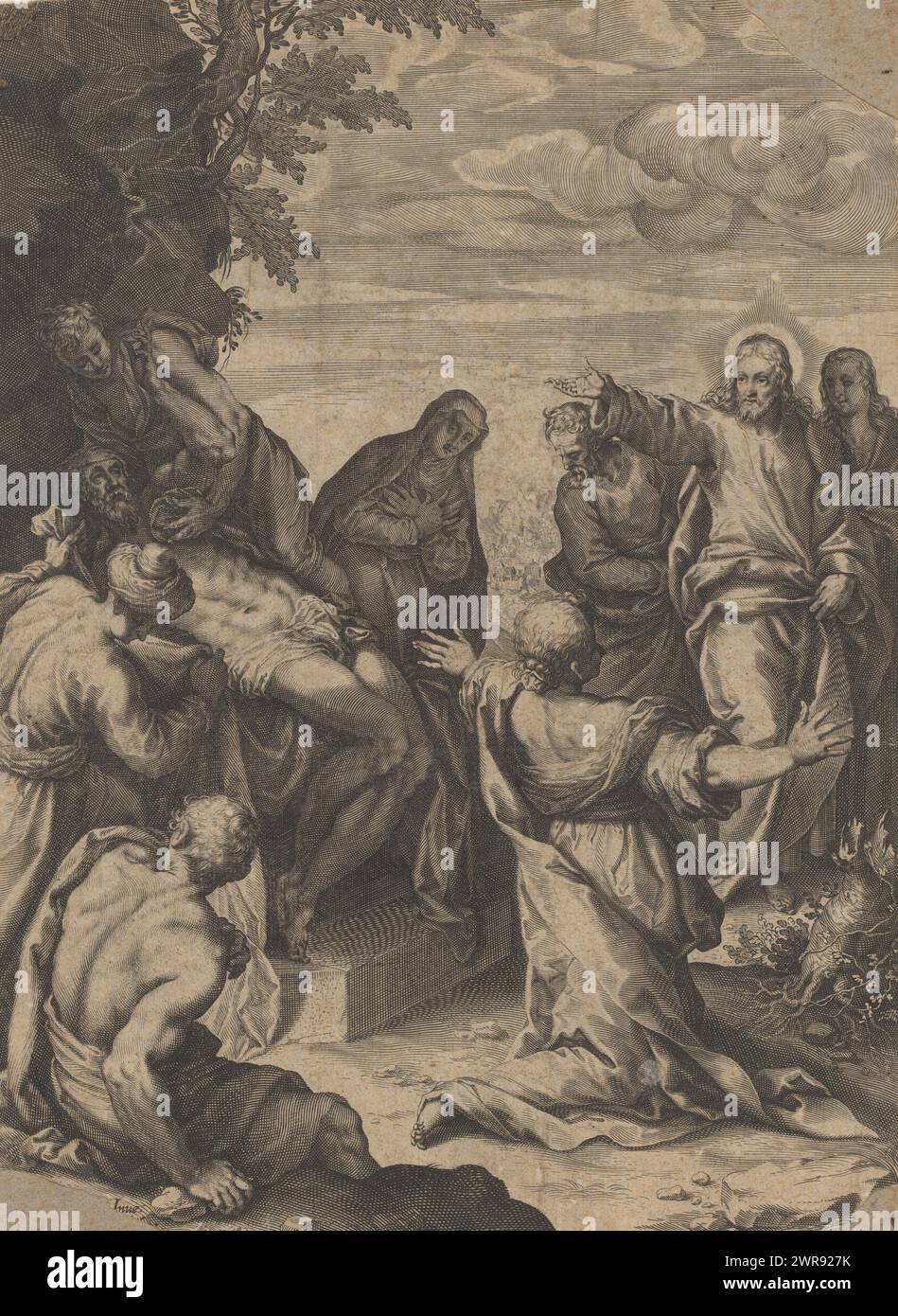 Raising of Lazarus, Druckerei: Lucas Kilian, nach Entwurf: Jacopo Palma (il Giovane), anonym, 1600, Papier, Gravur, Höhe 305 mm x Breite 226 mm, bedruckt Stockfoto
