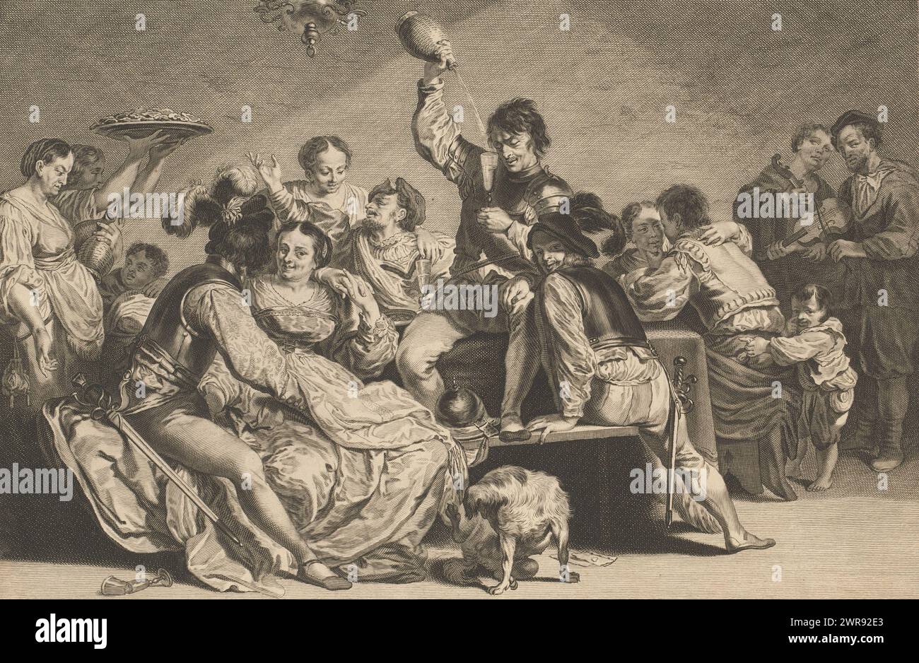 Bordell, Caelaturae (Serientitel), Soldaten genießen sich an einem Tisch mit Frauen und Getränken. Neben dem Tisch spielen zwei Musiker Geige und ein kleiner Junge stiehlt einem Soldaten einen Geldbeutel. Im Vordergrund ein Hund, Spielkarten und ein Glasbruch., Druckerei: Jeremias Falck, nach Malerei von: Johann Liss, Amsterdam, 1646 - 1658, Papier, Stich, Höhe 283 mm x Breite 385 mm, bedruckt Stockfoto