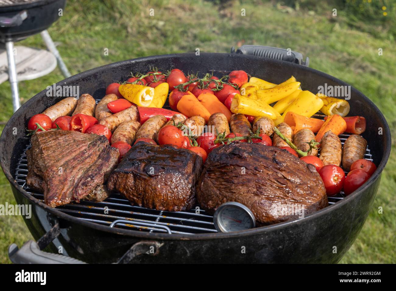 Grillen von Fleischwürsten und Gemüse auf Holzkohle im Freien. Thermometer im Fleisch sichtbar Stockfoto