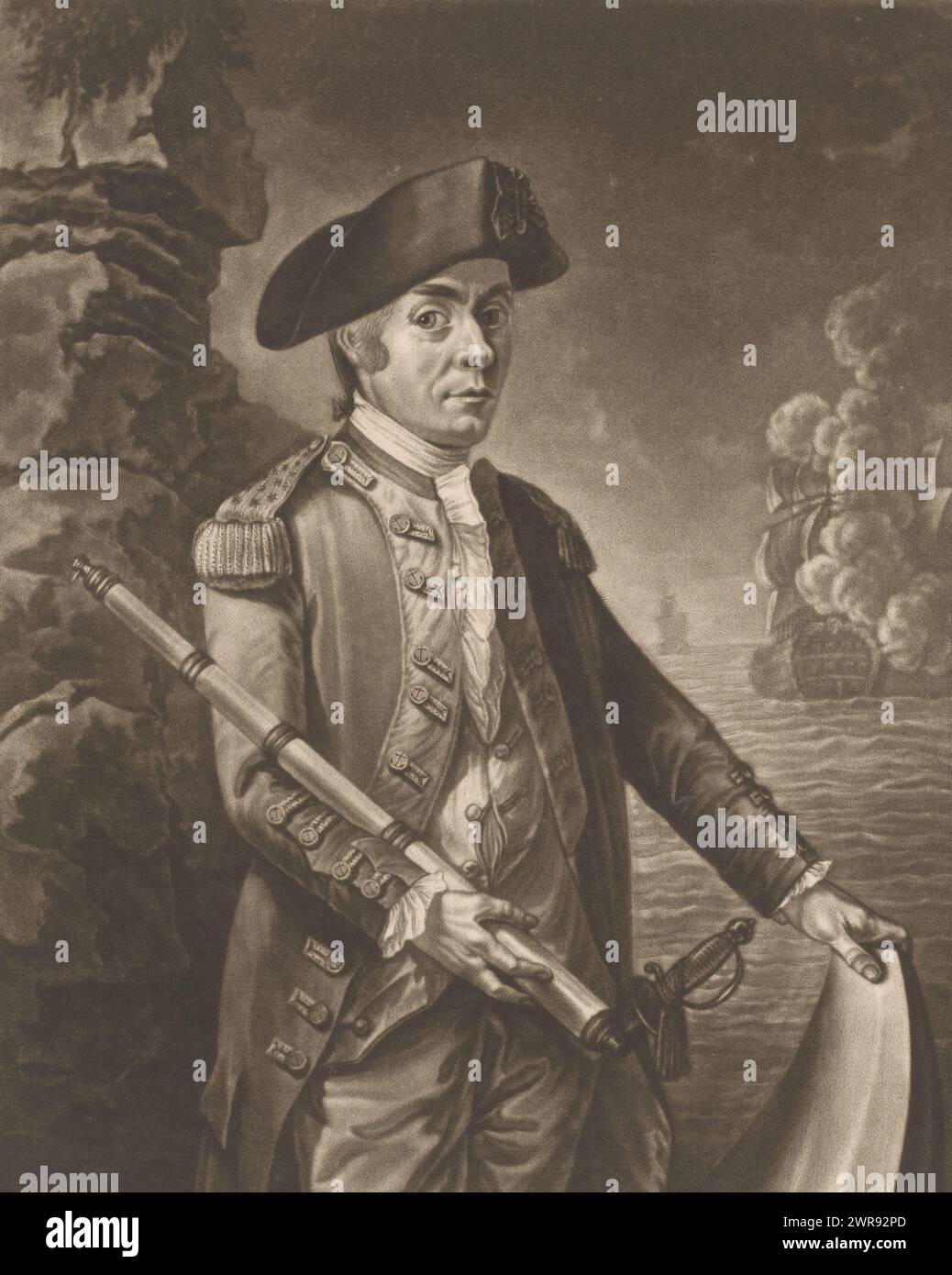 Porträt von John Paul Jones, Druckerei: Richard Brookshaw, 1779, Papier, Höhe 355 mm x Breite 253 mm, Druck Stockfoto